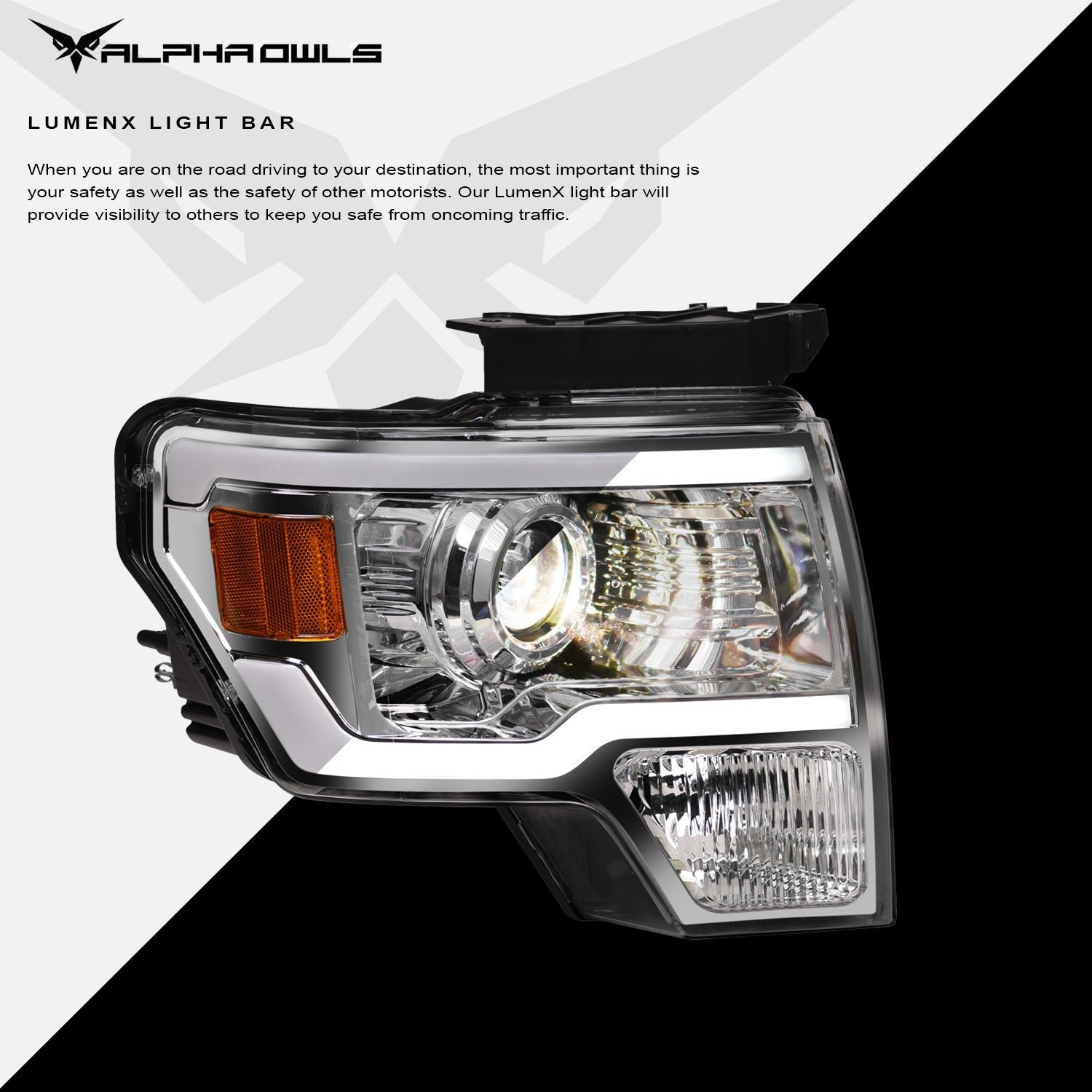 Alpha Owls 2009-2014 Ford F-150 (Excl. Models w/ factory Xenon) LMP Series Projector Headlights (Halogen Projector Chrome housing w/ LumenX Light Bar) - Image 4