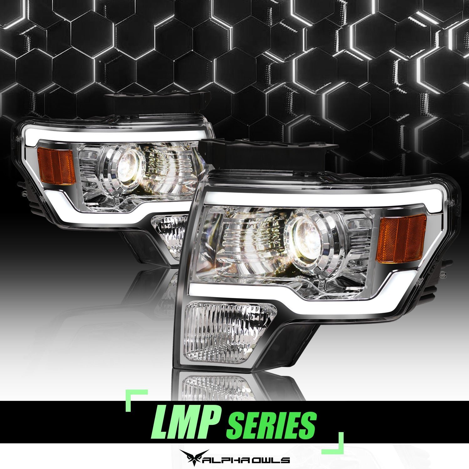 Alpha Owls 2009-2014 Ford F-150 (Excl. Models w/ factory Xenon) LMP Series Projector Headlights (Halogen Projector Chrome housing w/ LumenX Light Bar) - Image 1