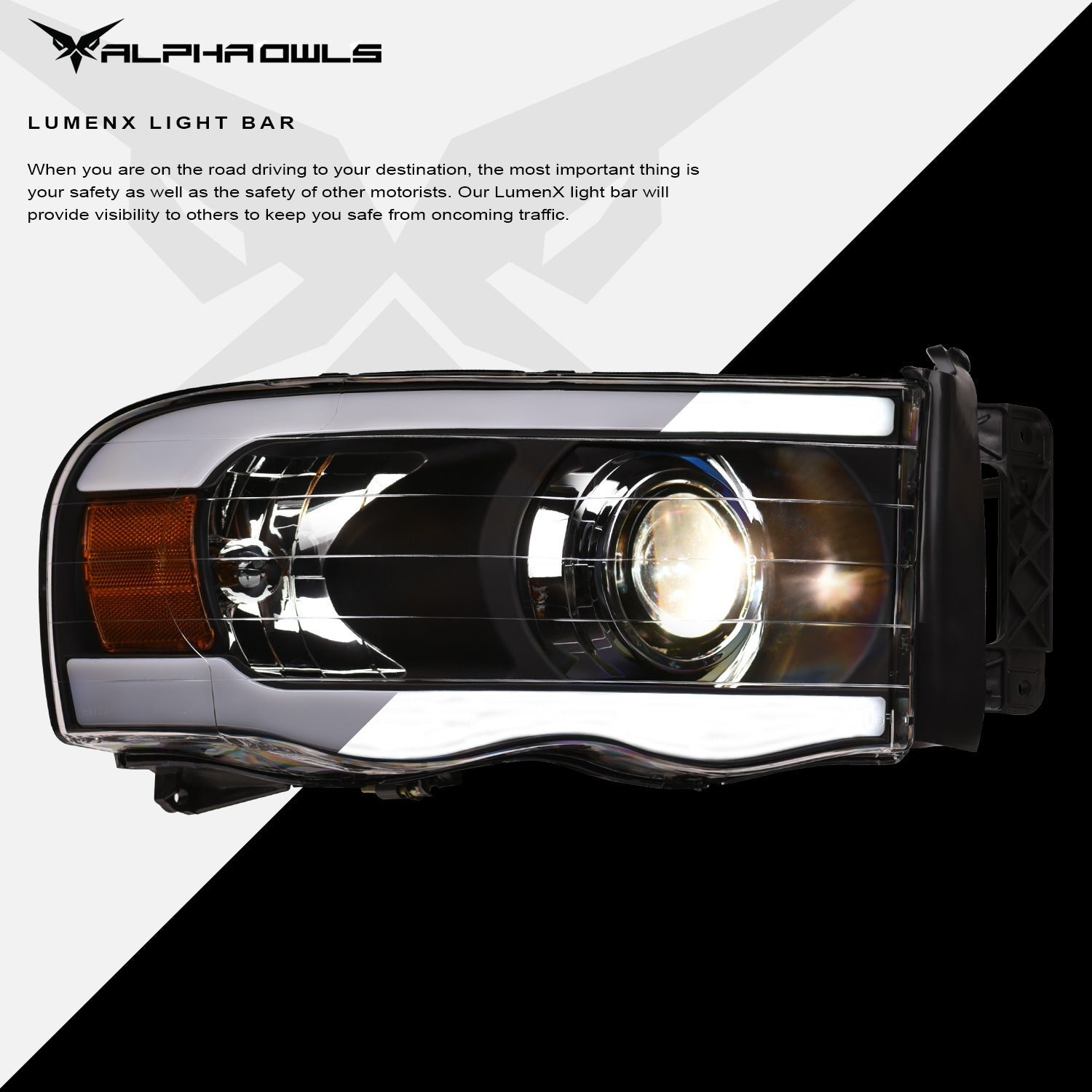 Alpha Owls 2003-2005 Dodge Ram 2500/3500 LMP Series Projector Headlights (Halogen Projector Black housing w/ LumenX Light Bar) - Image 4