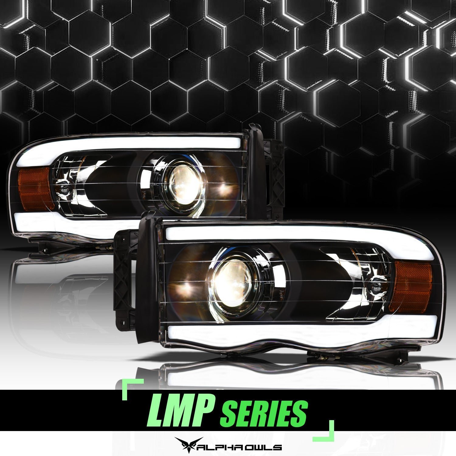 Alpha Owls 2003-2005 Dodge Ram 2500/3500 LMP Series Projector Headlights (Halogen Projector Black housing w/ LumenX Light Bar) - Image 1