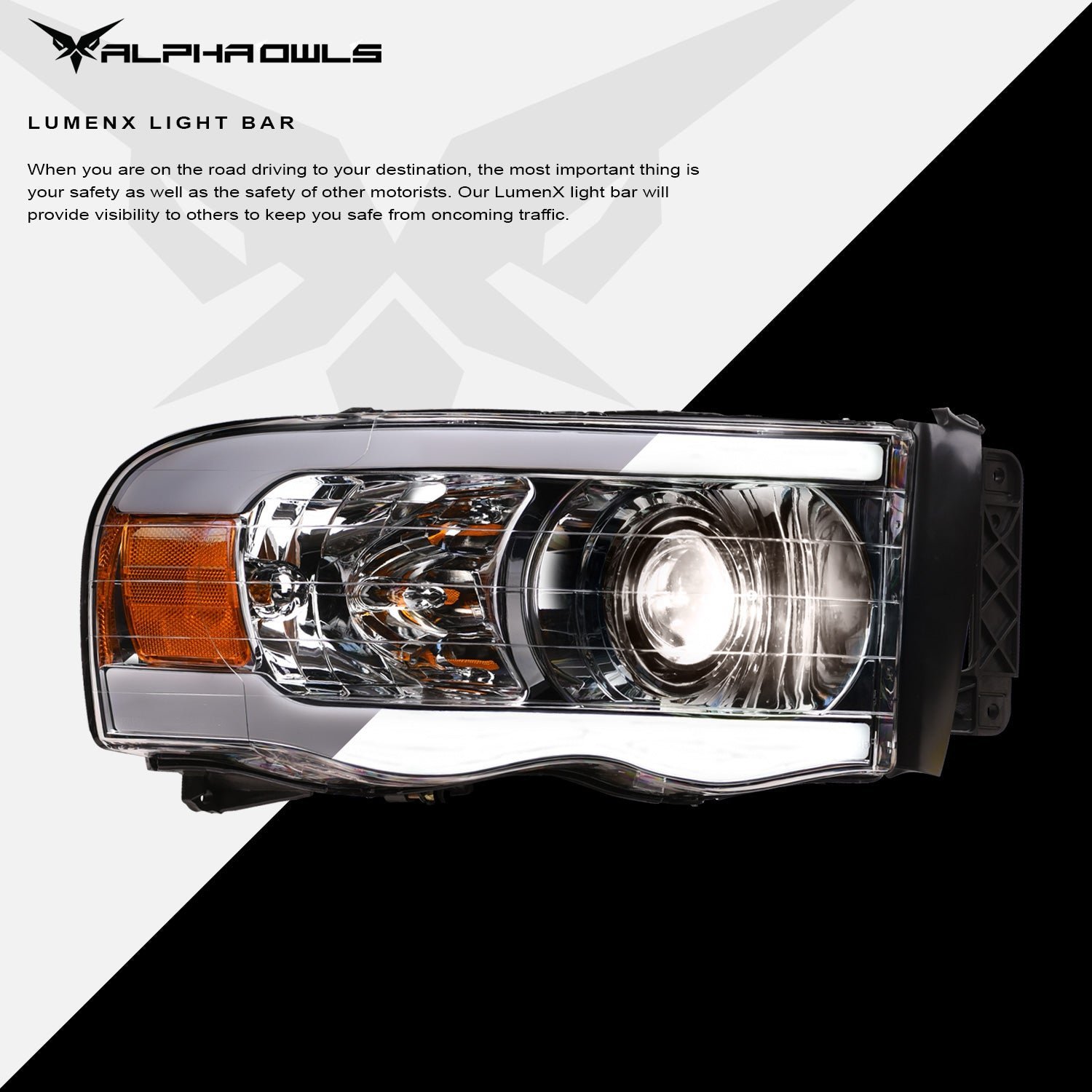 Alpha Owls 2003-2005 Dodge Ram 2500/3500 LMP Series Projector Headlights (Halogen Projector Chrome housing w/ LumenX Light Bar) - Image 4