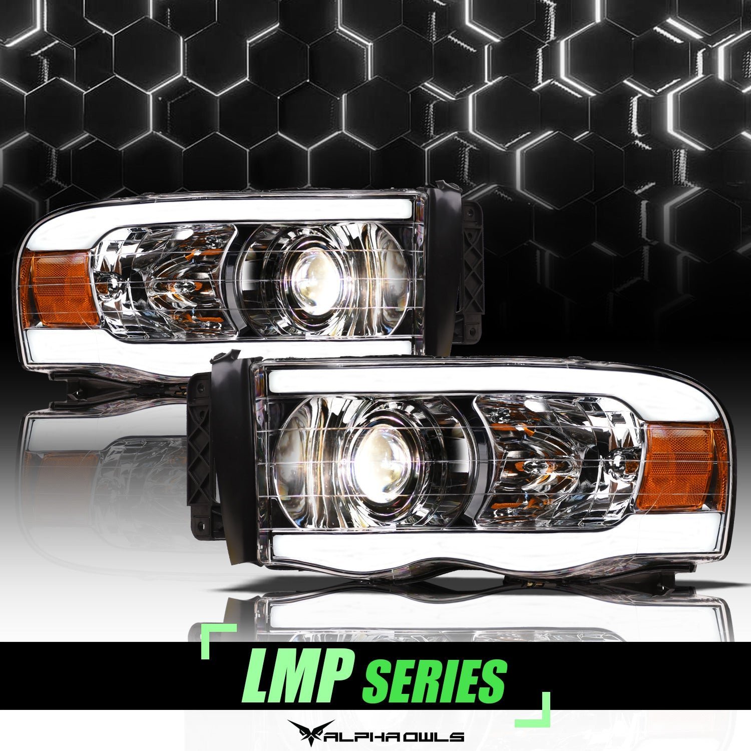 Alpha Owls 2003-2005 Dodge Ram 2500/3500 LMP Series Projector Headlights (Halogen Projector Chrome housing w/ LumenX Light Bar) - Image 1