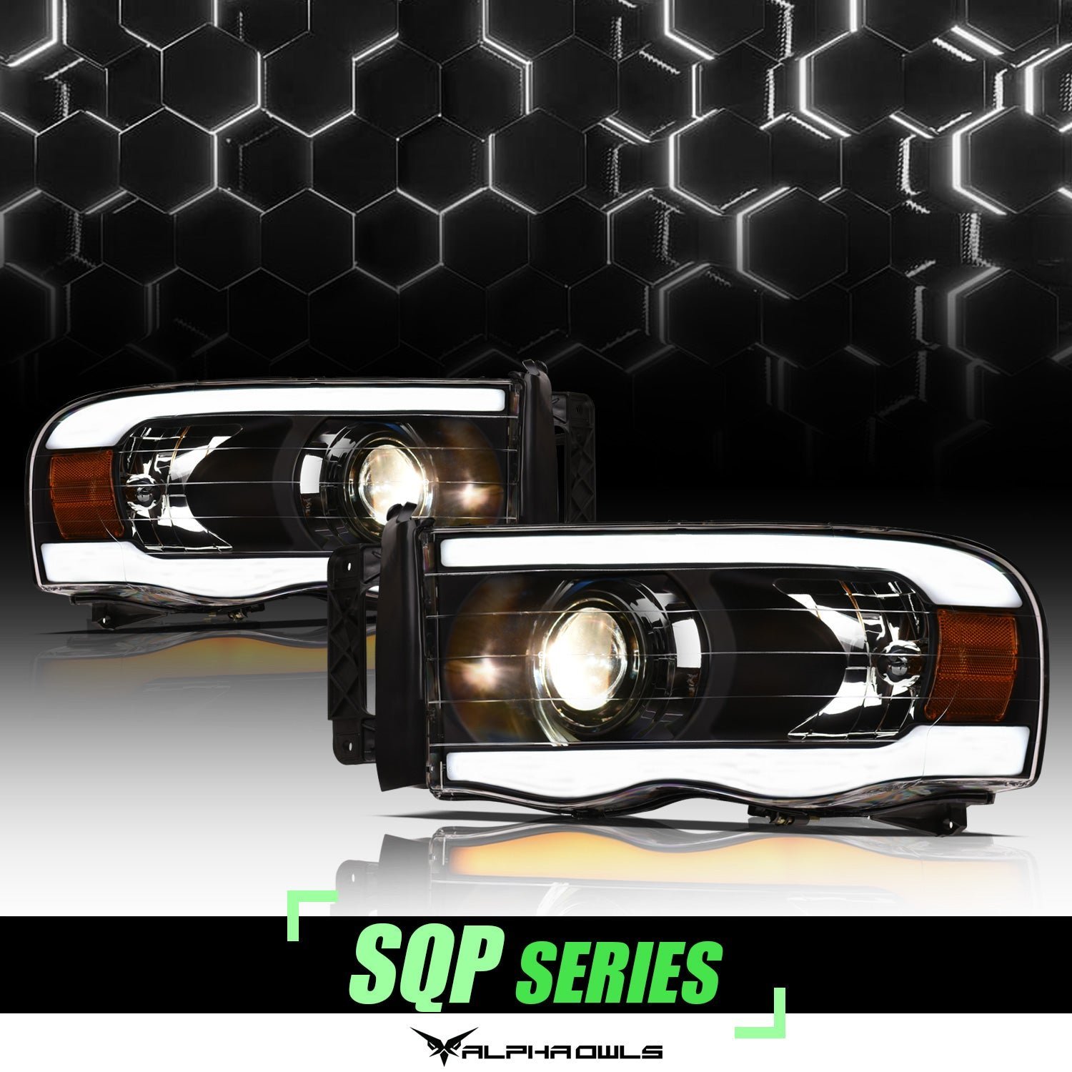 Alpha Owls 2003-2005 Dodge Ram 2500/3500 SQP Series Projector Headlights (Halogen Projector Black housing w/ Sequential Signal/LumenX Light Bar) - Image 1