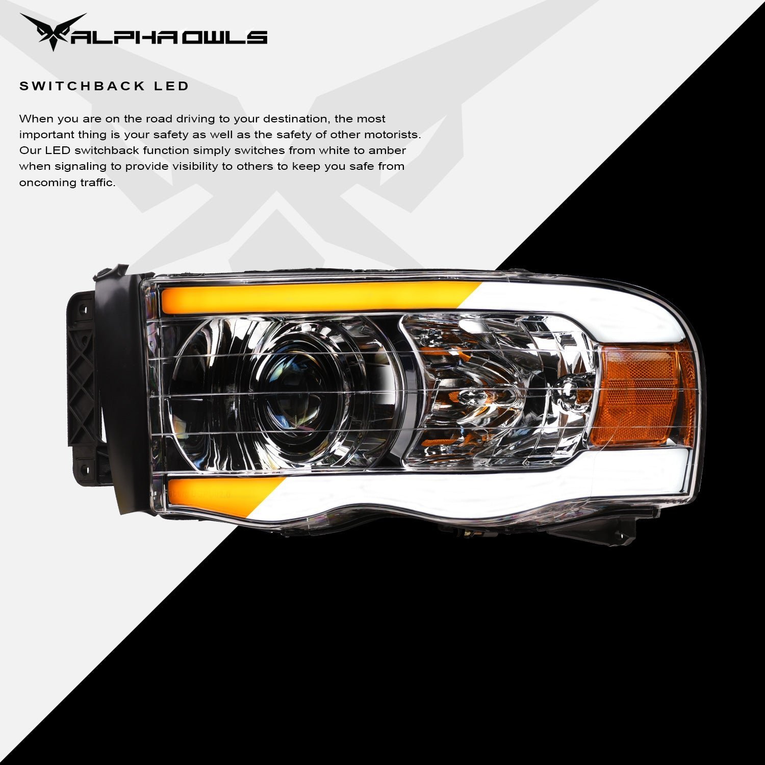 Alpha Owls 2003-2005 2500/3500 Dodge Ram 1500 SQP Series Projector Headlights (Halogen Projector Chrome housing w/ Sequential Signal/LumenX Light Bar) - Image 4