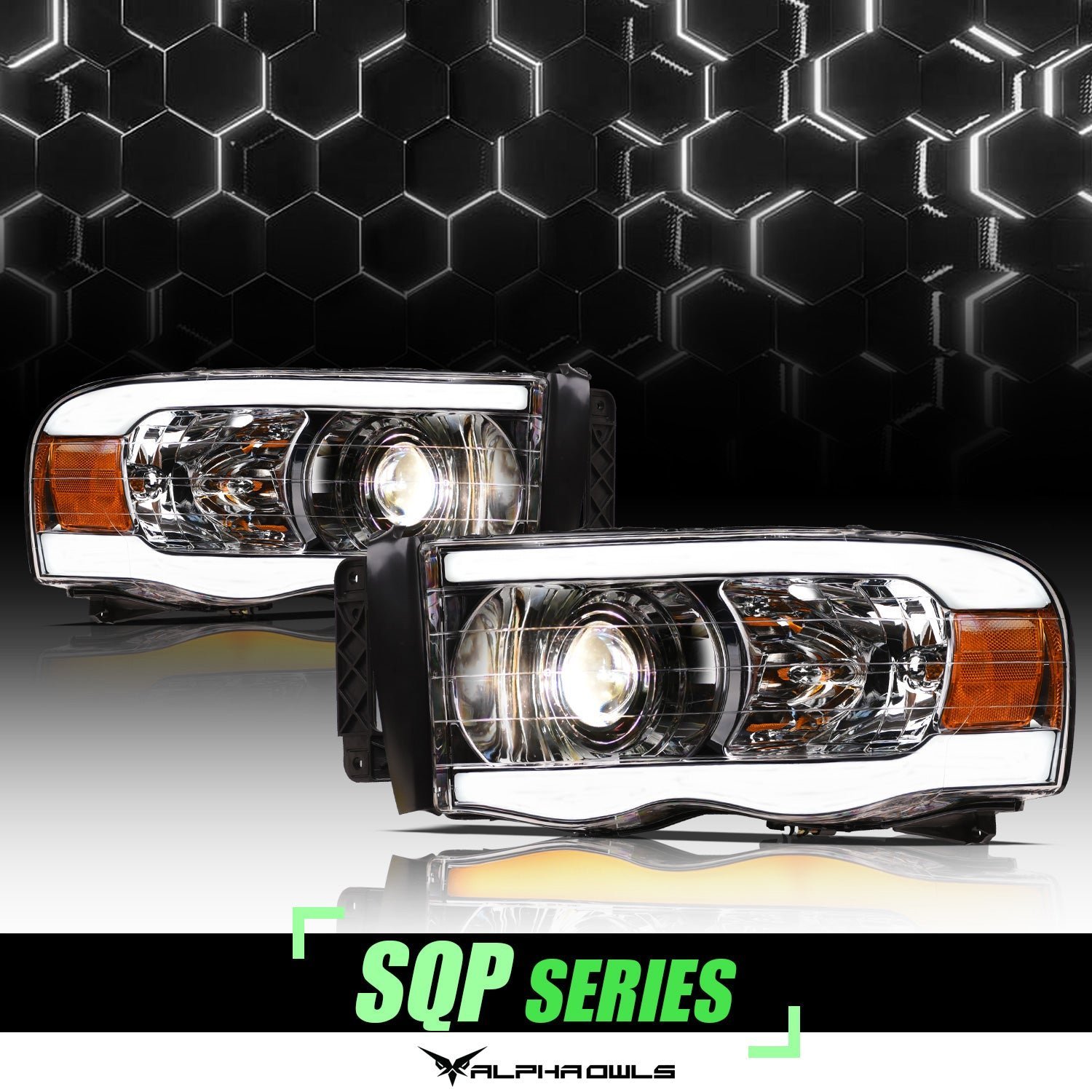 Alpha Owls 2003-2005 2500/3500 Dodge Ram 1500 SQP Series Projector Headlights (Halogen Projector Chrome housing w/ Sequential Signal/LumenX Light Bar) - Image 1
