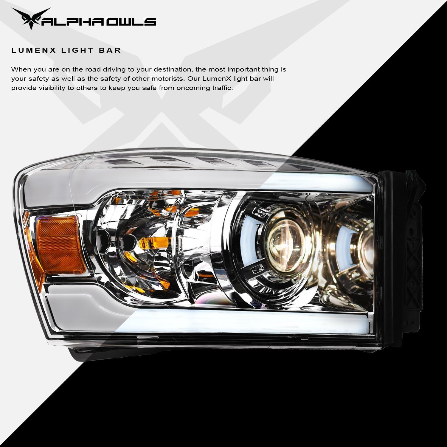 Alpha Owls 2006-2008 Dodge Ram 1500 LMP Series Projector Headlights (Halogen Projector Chrome housing w/ LumenX Light Bar) - Image 4