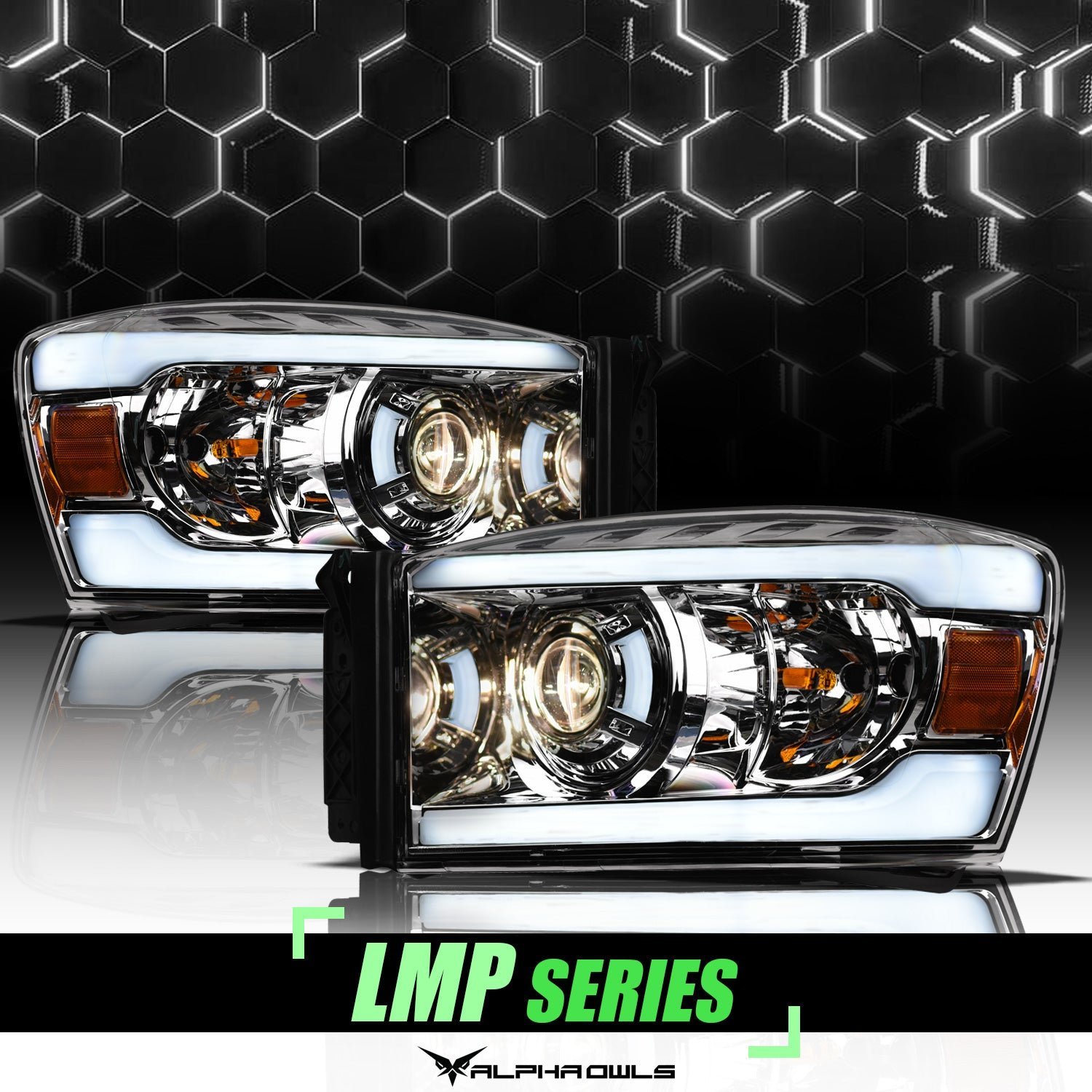 Alpha Owls 2006-2008 Dodge Ram 1500 LMP Series Projector Headlights (Halogen Projector Chrome housing w/ LumenX Light Bar) - Image 1