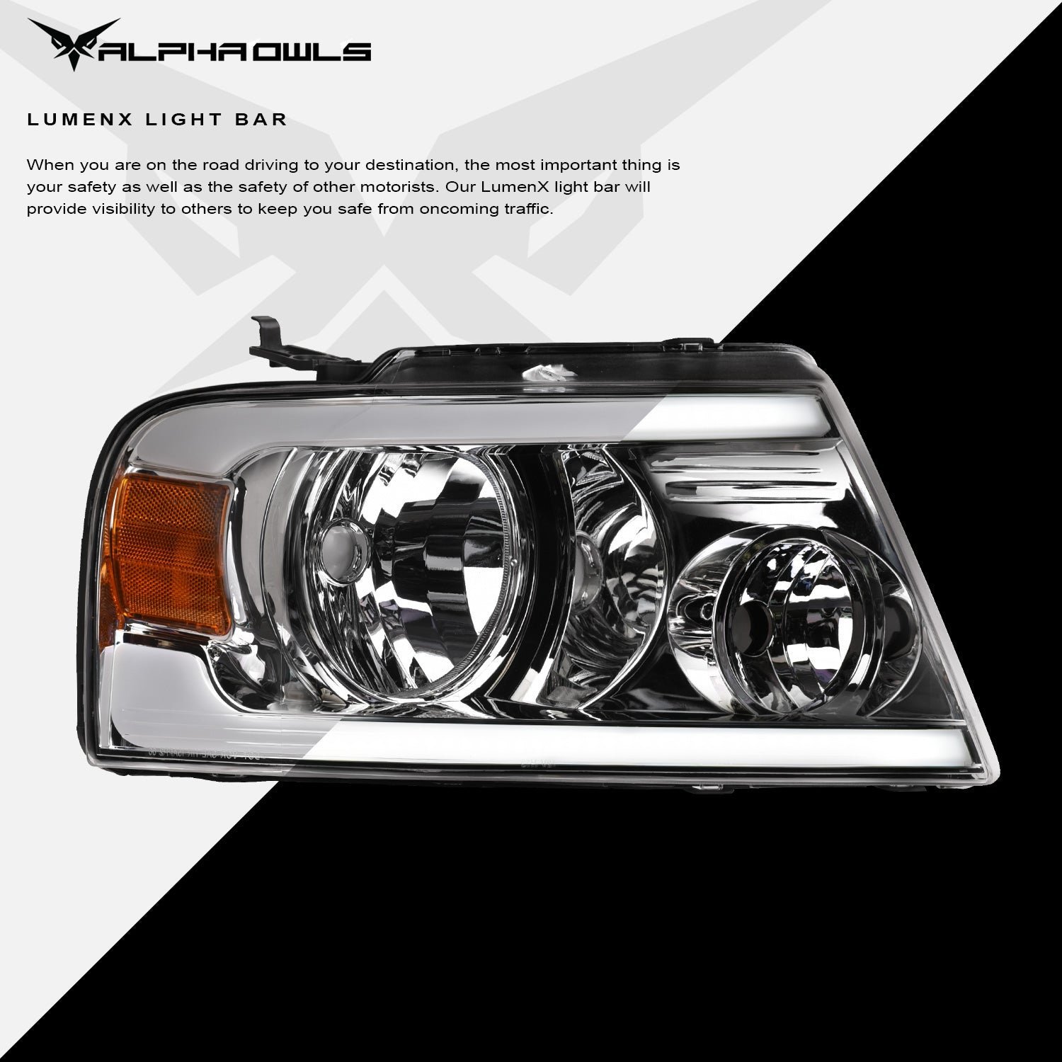 Alpha Owls 2006-2008 Lincoln Mark-LT LM Series Headlights (Crystal Headlights Chrome housing w/ LumenX Light Bar) - Image 4