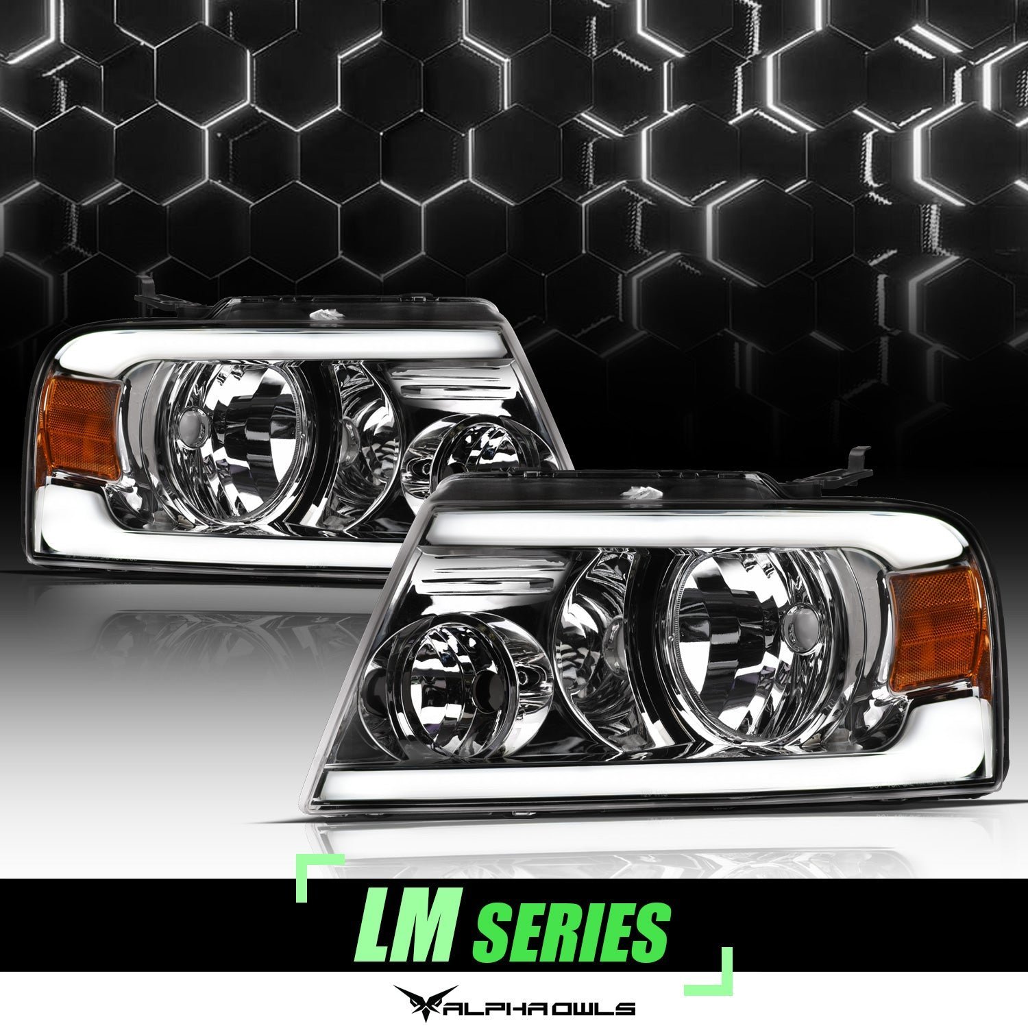 Alpha Owls 2006-2008 Lincoln Mark-LT LM Series Headlights (Crystal Headlights Chrome housing w/ LumenX Light Bar) - Image 1