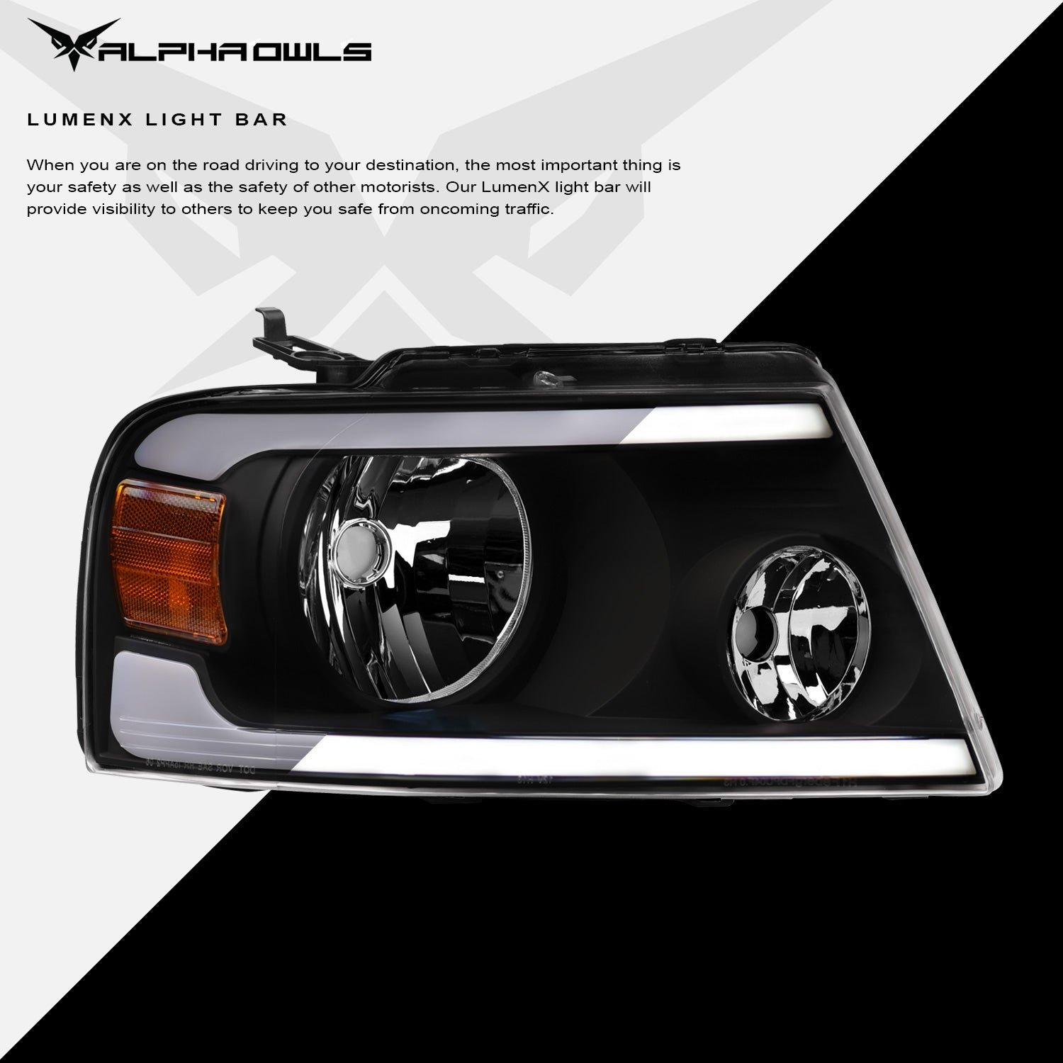 Alpha Owls 2004-2008 Ford F-150 LM Series Headlights (Crystal Headlights Black housing w/ LumenX Light Bar) - Image 4