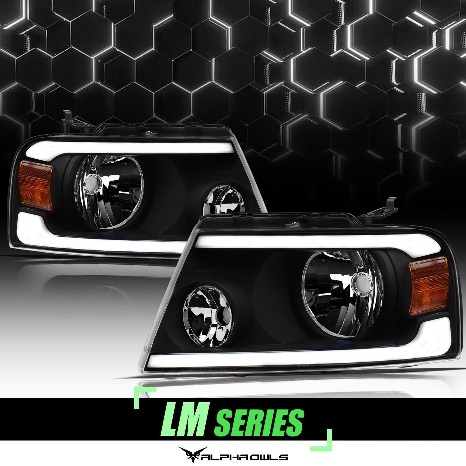 Alpha Owls 2006-2008 Lincoln Mark-LT LM Series Headlights (Crystal Headlights Black housing w/ LumenX Light Bar) - Image 1