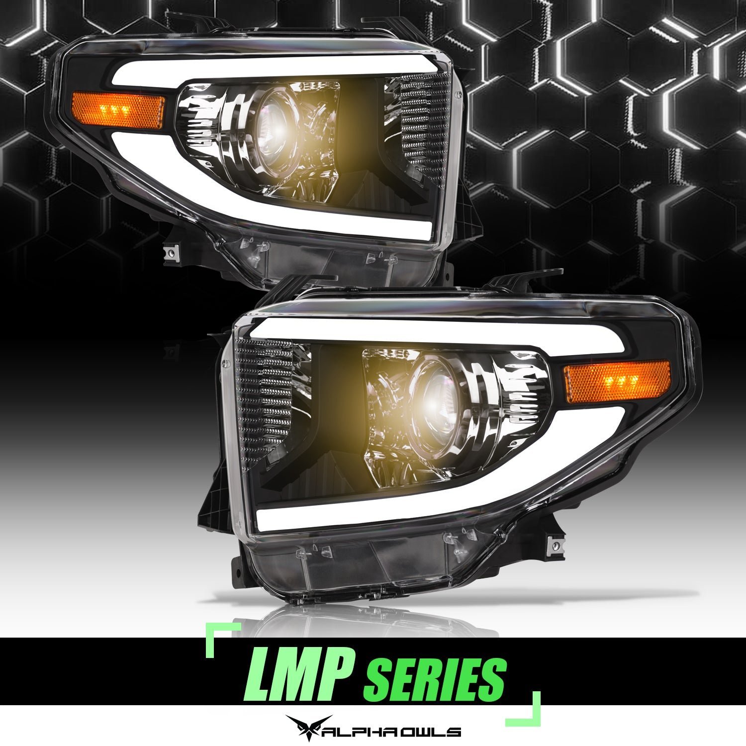 Alpha Owls 2014-2021 Toyota Tundra LMP Series Headlights (Halogen Projector Black housing w/ LumenX Light Bar) - Image 1