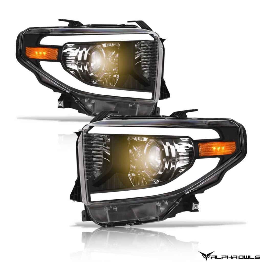 Alpha Owls 2014-2021 Toyota Tundra LMP Series Headlights (Halogen Projector Black housing w/ LumenX Light Bar)