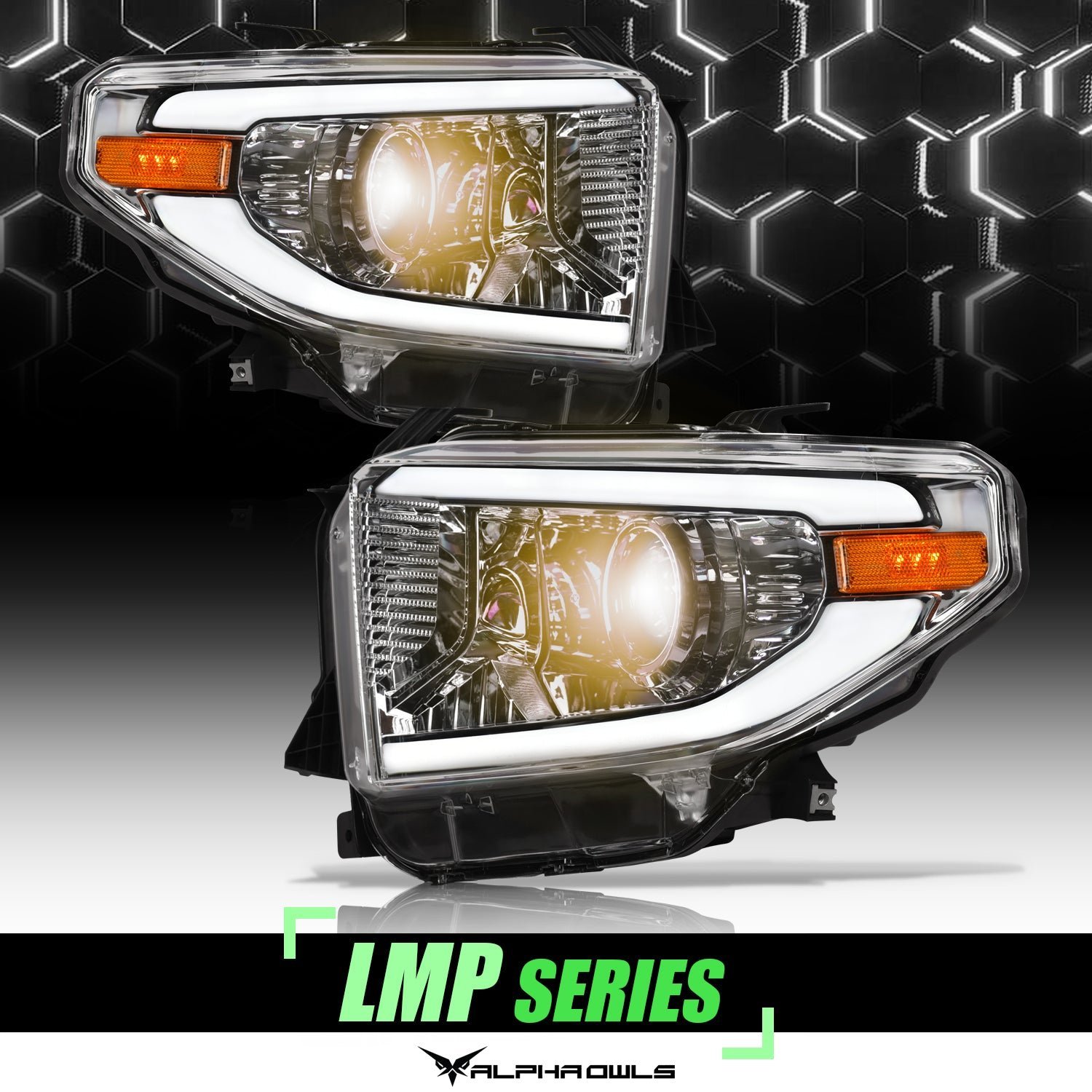 Alpha Owls 2014-2021 Toyota Tundra LMP Series Headlights (Halogen Projector Black housing w/ LumenX Light Bar) - Image 1