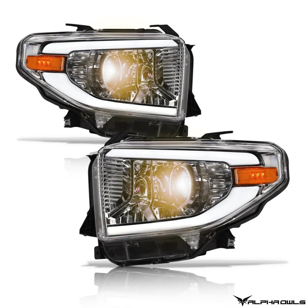 Alpha Owls 2014-2021 Toyota Tundra LMP Series Headlights (Halogen Projector Black housing w/ LumenX Light Bar)