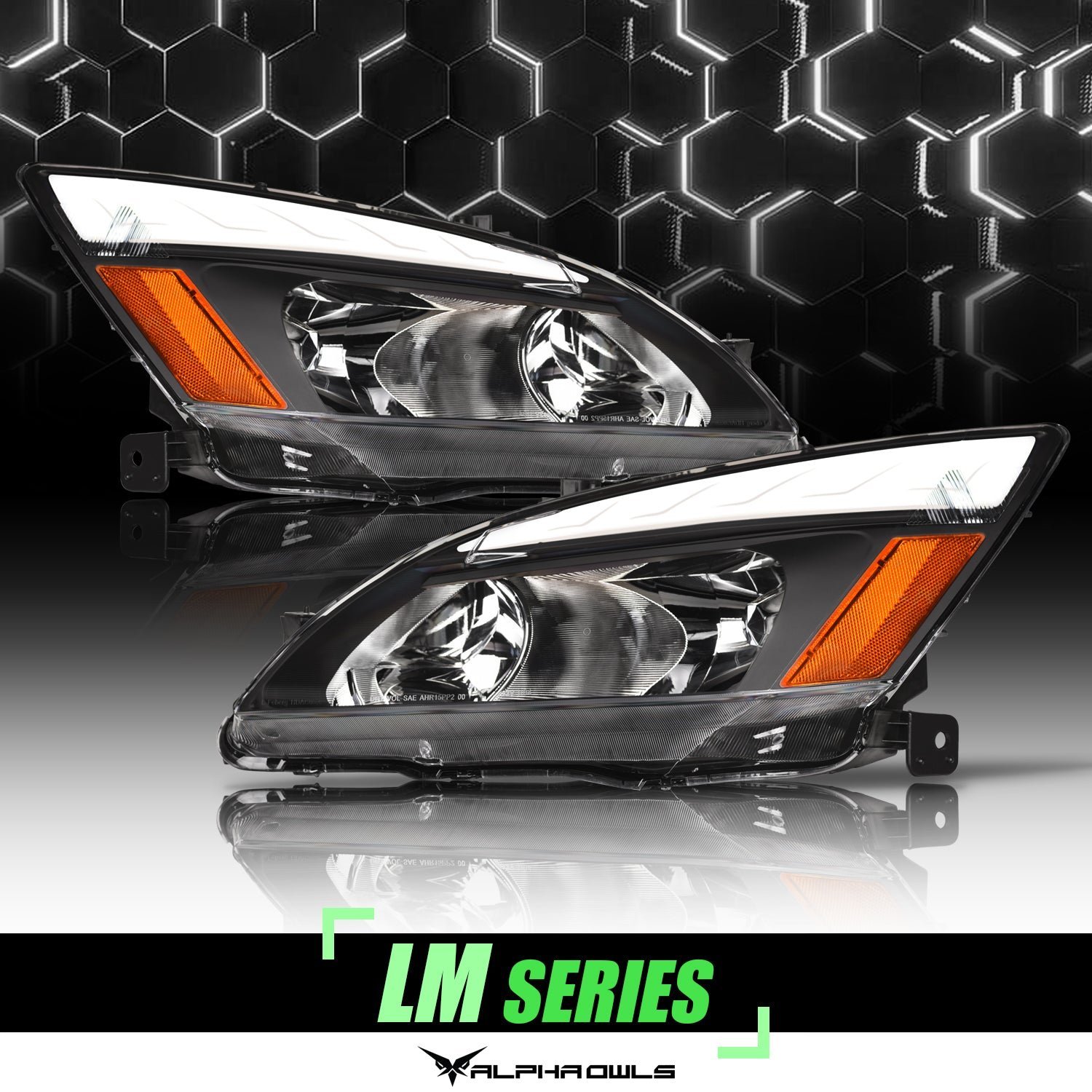 Alpha Owls 2003-2007 Honda Accord LM Series Headlights (Crystal Headlights Black housing w/ LumenX Light Bar) - Image 1