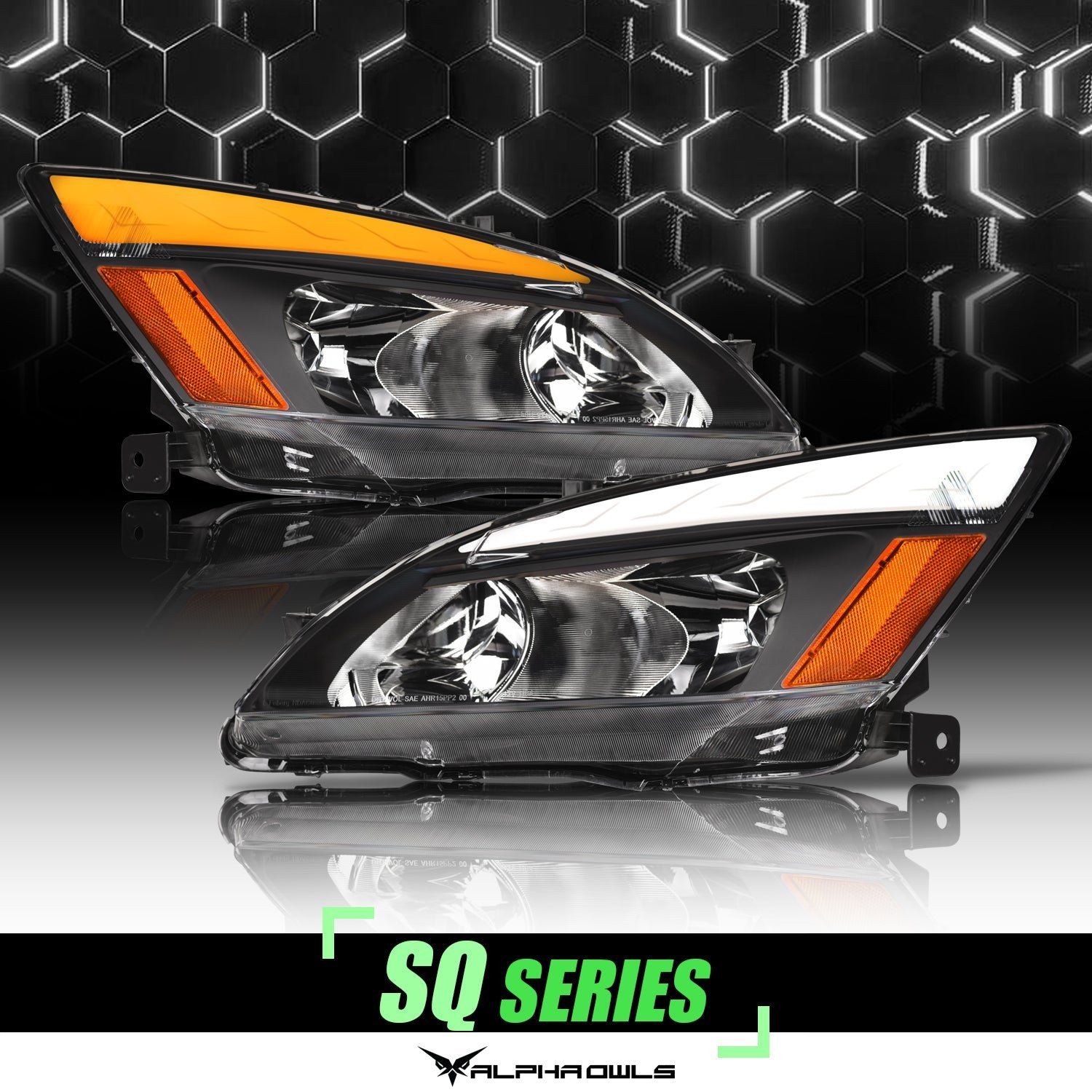 Alpha Owls 2003-2007 Honda Accord SQ Series Headlights (Crystal Headlights Black housing w/ Sequential Signal/LumenX Light Bar) - Image 1