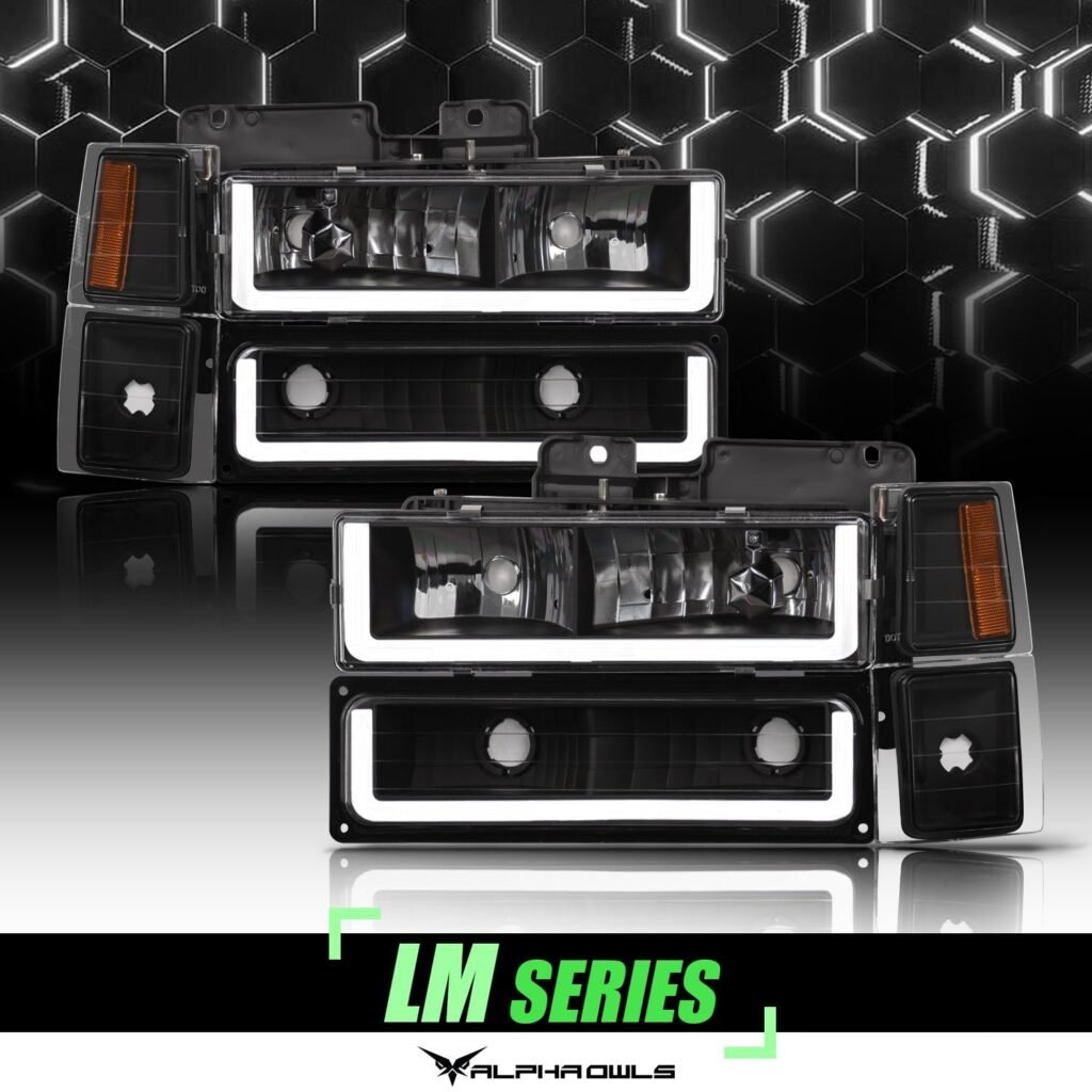 Alpha Owls 1994-1999 Chevy Suburban LM Series Headlights w/Corner Lights (Crystal Headlights Black housing w/ LumenX Light Bar)
