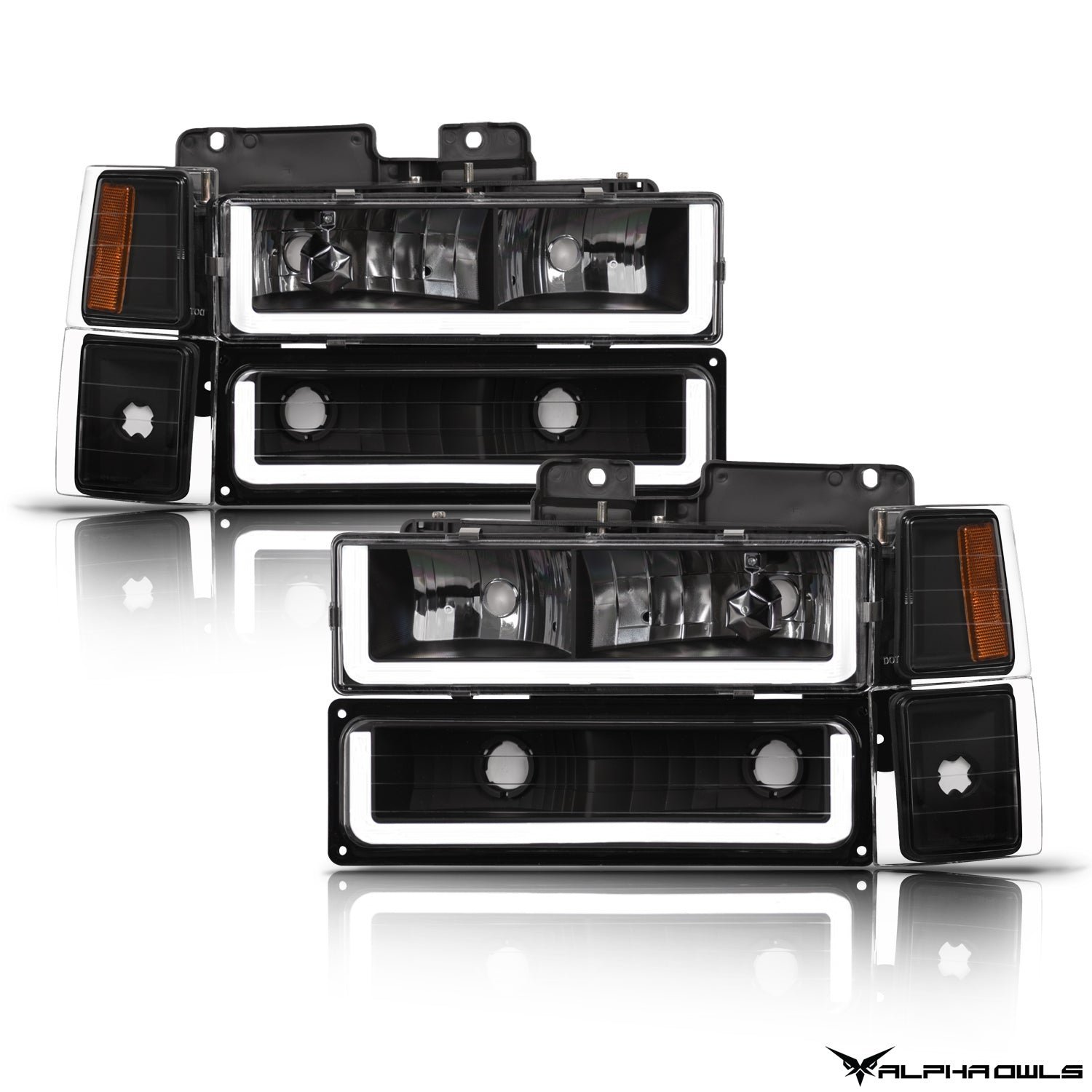 Alpha Owls 1994-1999 Chevy Suburban LM Series Headlights w/Corner Lights (Crystal Headlights Black housing w/ LumenX Light Bar) - Image 2