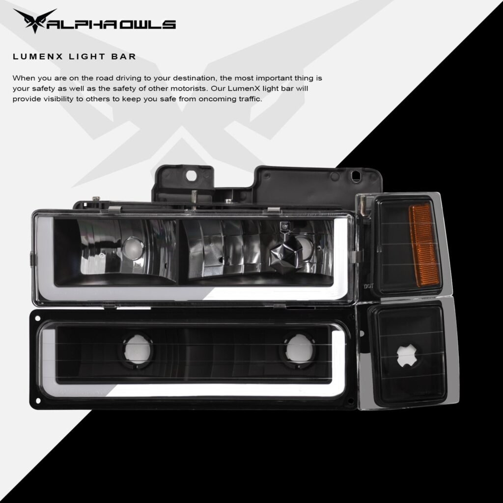 Alpha Owls 1994-1999 Chevy Suburban LM Series Headlights w/Corner Lights (Crystal Headlights Black housing w/ LumenX Light Bar)