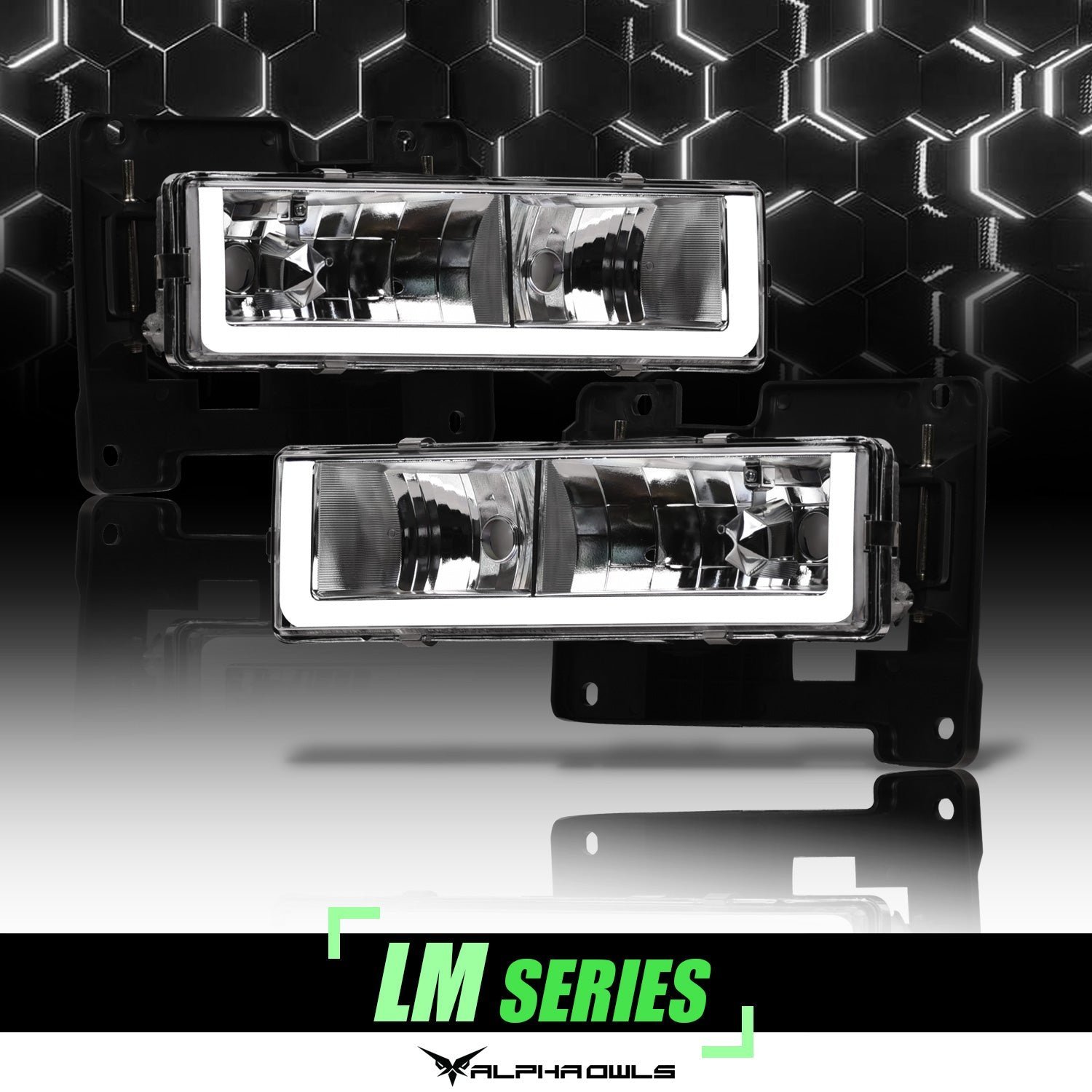 Alpha Owls 1992-1999 Chevy Yukon LM Series Headlights (Crystal Headlights Chrome housing w/ LumenX Light Bar) - Image 1