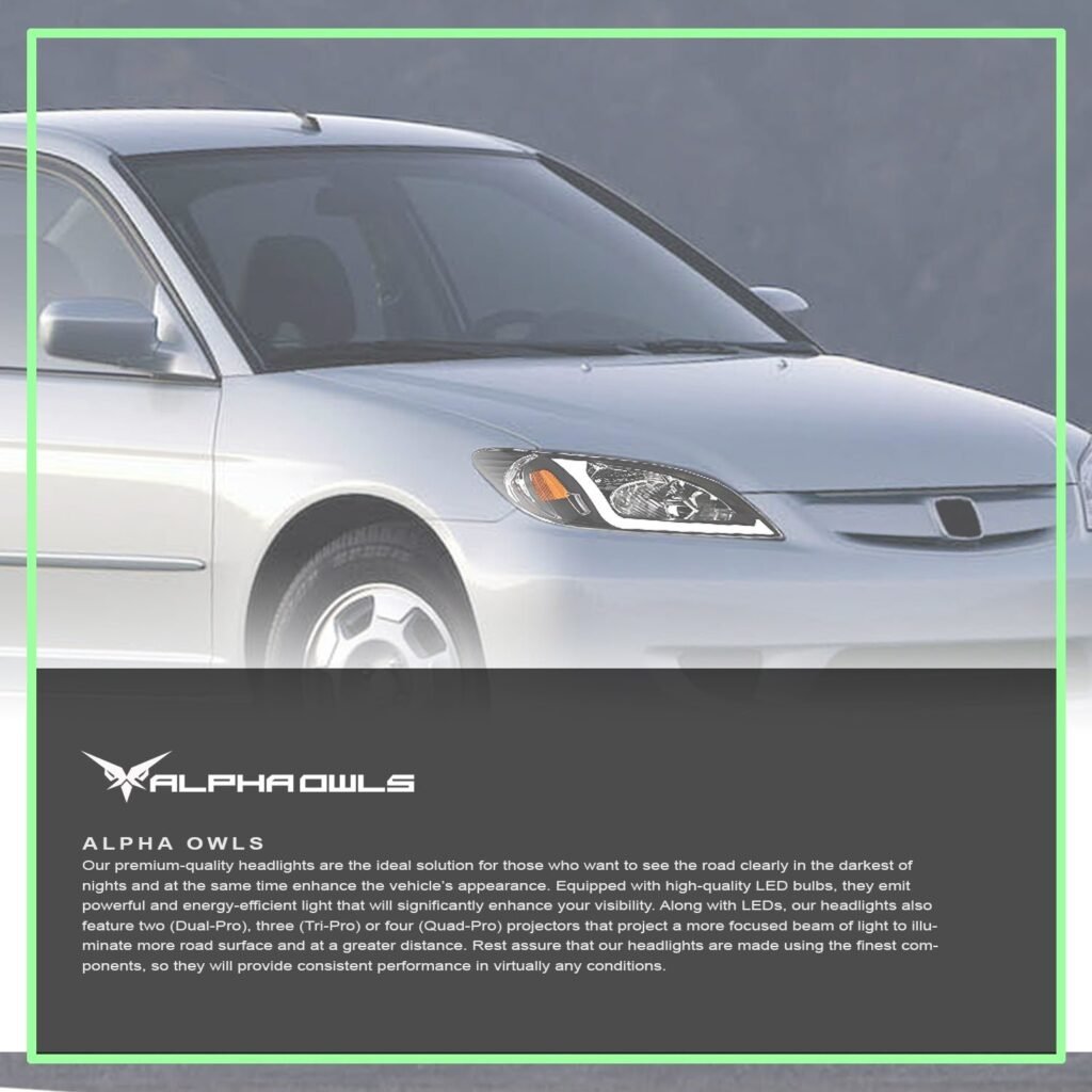 Alpha Owls 2004-2005 Honda Civic LM Series Headlights (Crystal Headlights Black housing w/ LumenX Light Bar)