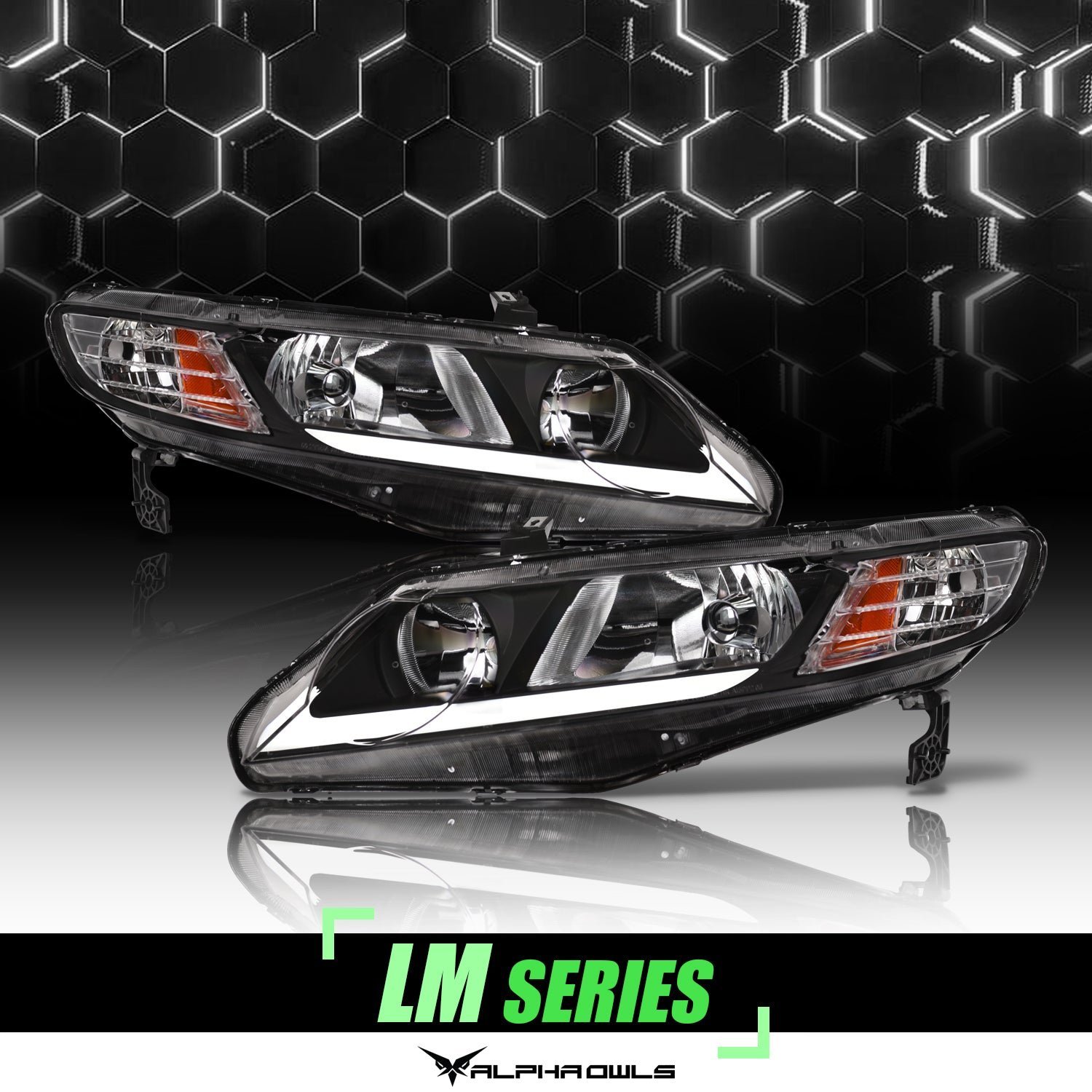 Alpha Owls 2006-2011 Honda Civic 4DR LM Series Headlights (Crystal Headlights Black housing w/ LumenX Light Bar) - Image 1
