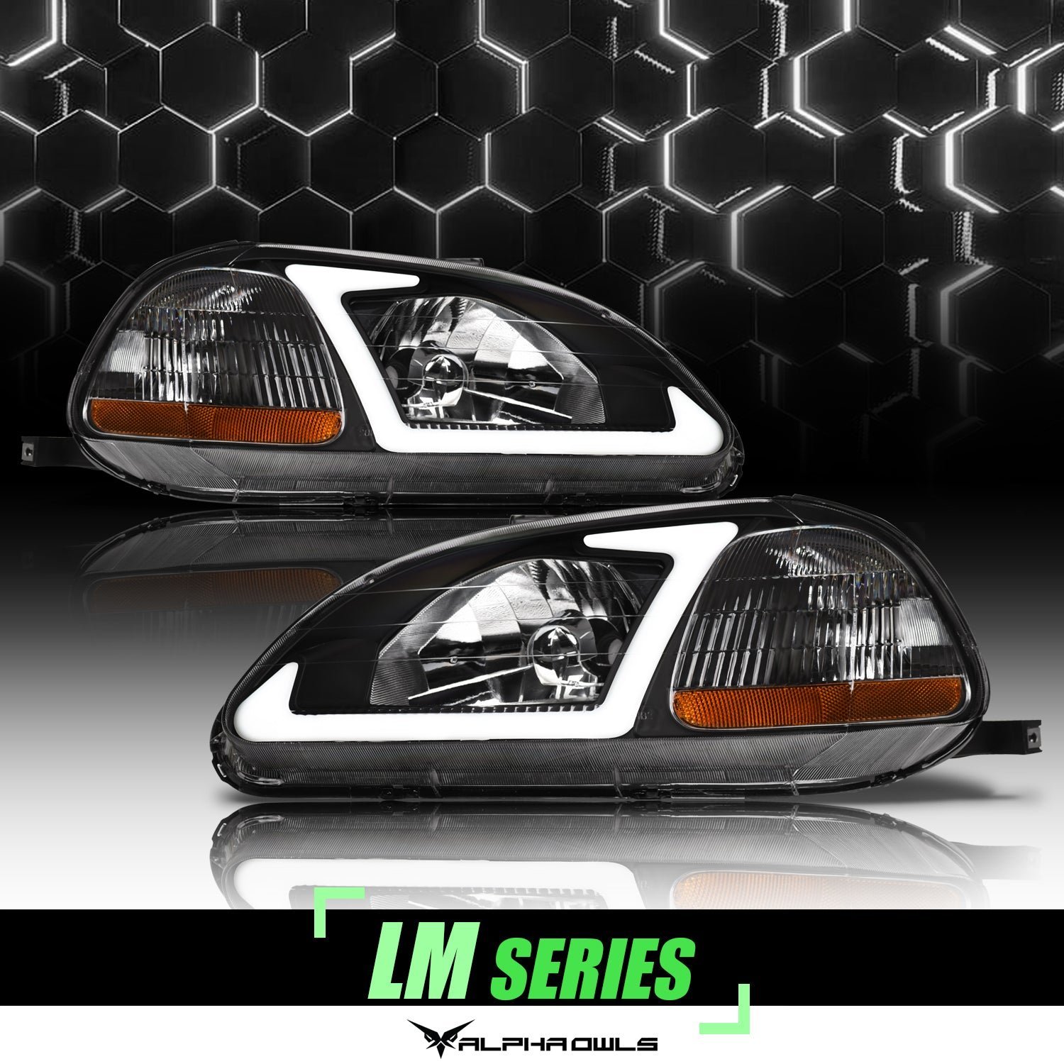 Alpha Owls 1996-1998 Honda Civic LM Series Headlights (Crystal Headlights Black housing w/ LumenX Light Bar) - Image 1