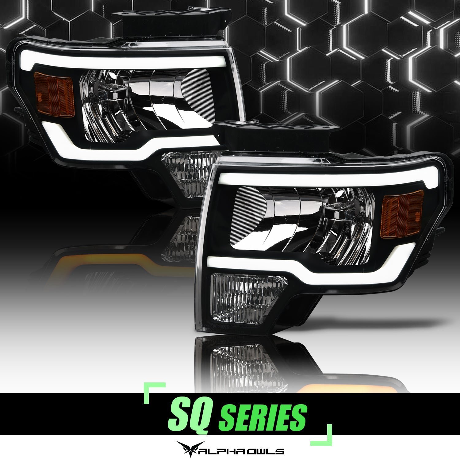 Alpha Owls 2009-2014 Ford F-150 (Excl. Models w/ factory Xenon) SQ Series Headlights (Crystal Headlights Black housing w/ Sequential Signal/LumenX Light Bar) - Image 1