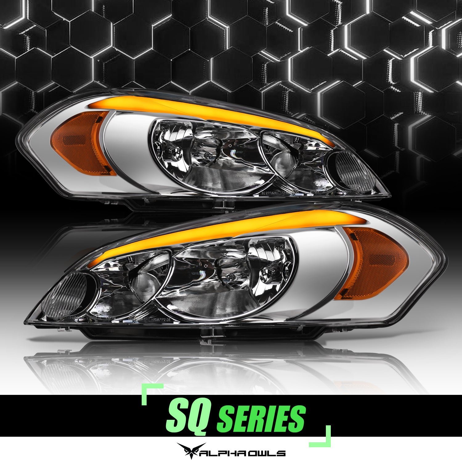 Alpha Owls 2006-2007 Chevy Monte Carlo SQ Series Headlights (Crystal Headlights Chrome housing w/ Sequential Signal/LumenX Light Bar) - Image 1