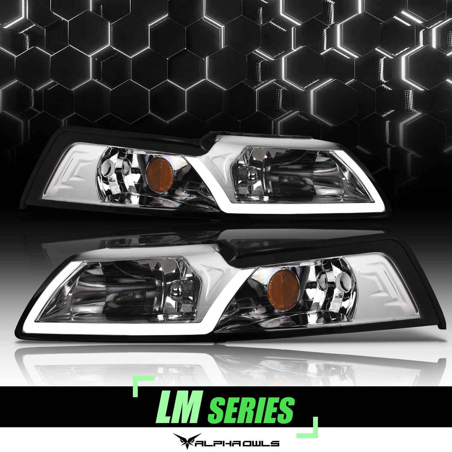 Alpha Owls 1999-2004 Ford Mustang LM Series Headlights (Crystal Headlights Chrome housing w/ LumenX Light Bar) - Image 1