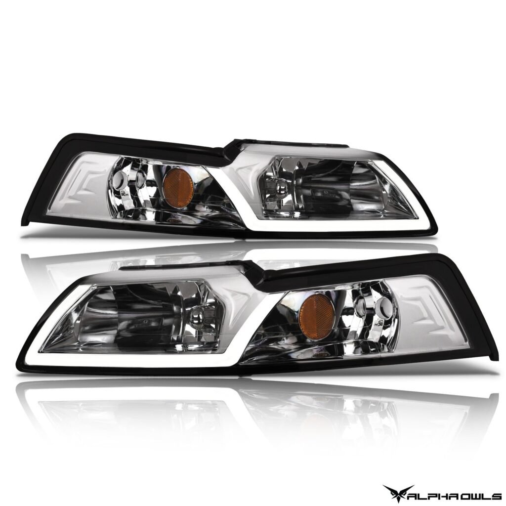Alpha Owls 1999-2004 Ford Mustang LM Series Headlights (Crystal Headlights Chrome housing w/ LumenX Light Bar)