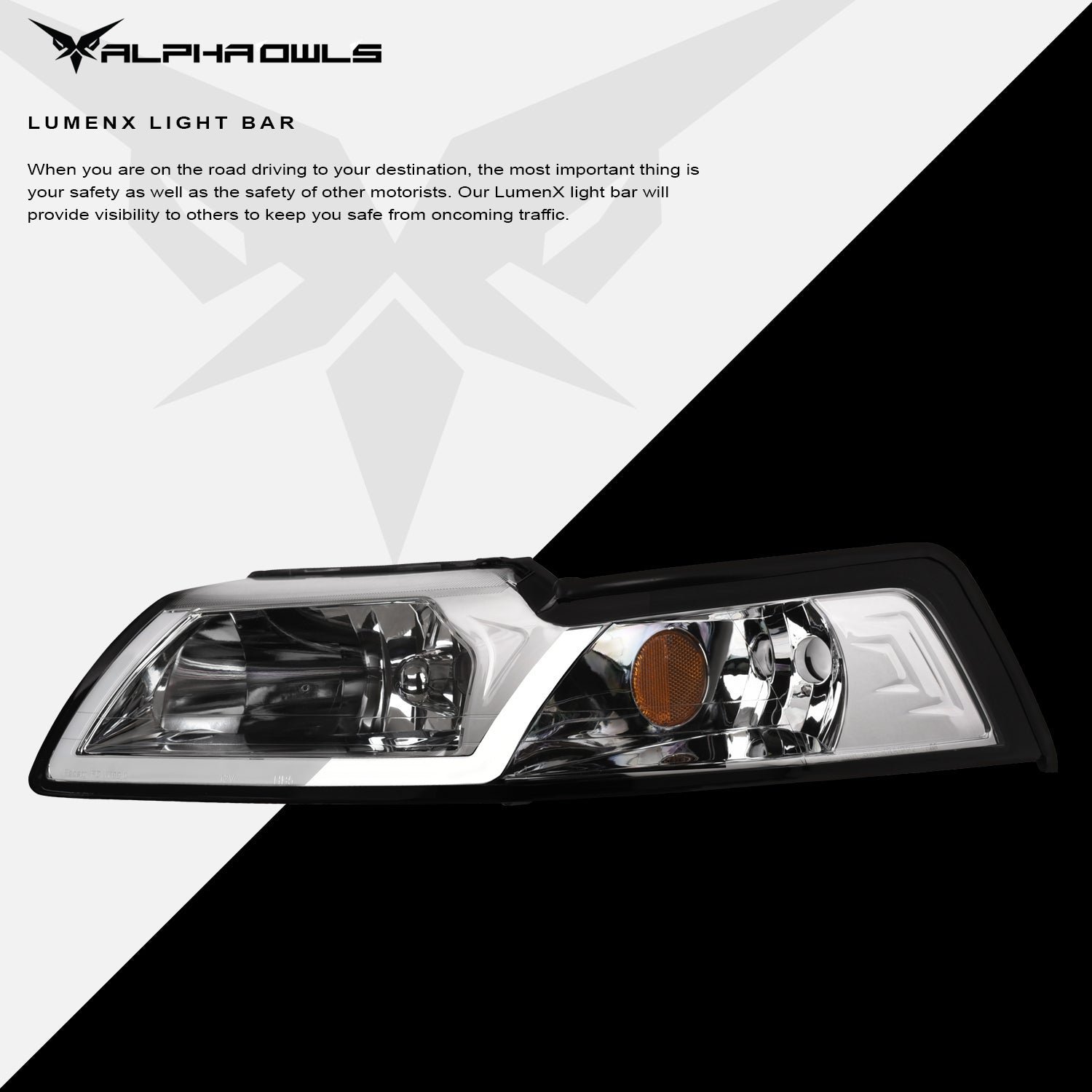 Alpha Owls 1999-2004 Ford Mustang LM Series Headlights (Crystal Headlights Chrome housing w/ LumenX Light Bar) - Image 4