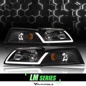 Alpha Owls 1999-2004 Ford Mustang LM Series Headlights (Crystal Headlights Black housing w/ LumenX Light Bar) - Image 1