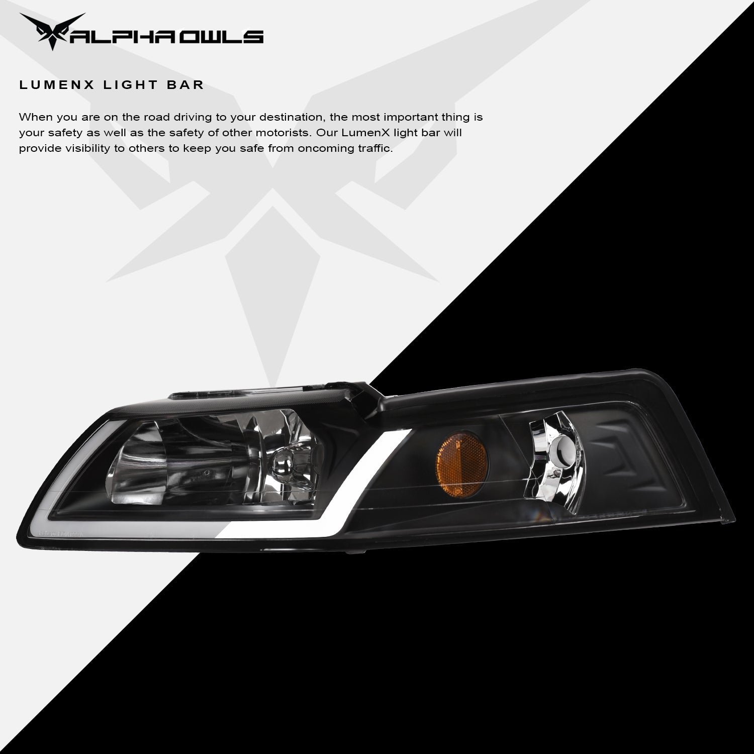 Alpha Owls 1999-2004 Ford Mustang LM Series Headlights (Crystal Headlights Black housing w/ LumenX Light Bar) - Image 4