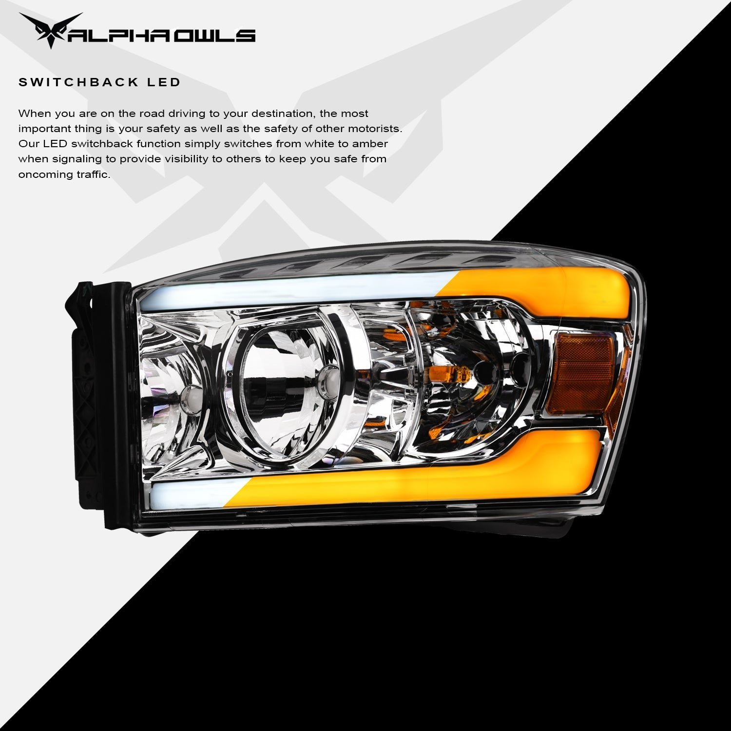 Alpha Owls 2006-2009 Dodge Ram 2500/3500 SQ Series Headlights (Crystal Headlights Chrome housing w/ Sequential Signal/LumenX Light Bar) - Image 4