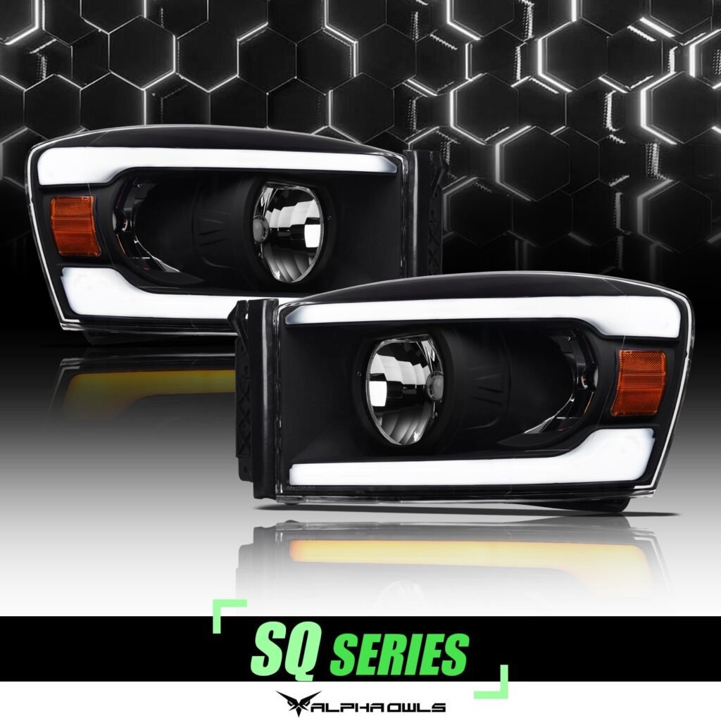 Alpha Owls 2006-2009 Dodge Ram 2500/3500 SQ Series Headlights (Crystal Headlights Black housing w/ Sequential Signal/LumenX Light Bar)