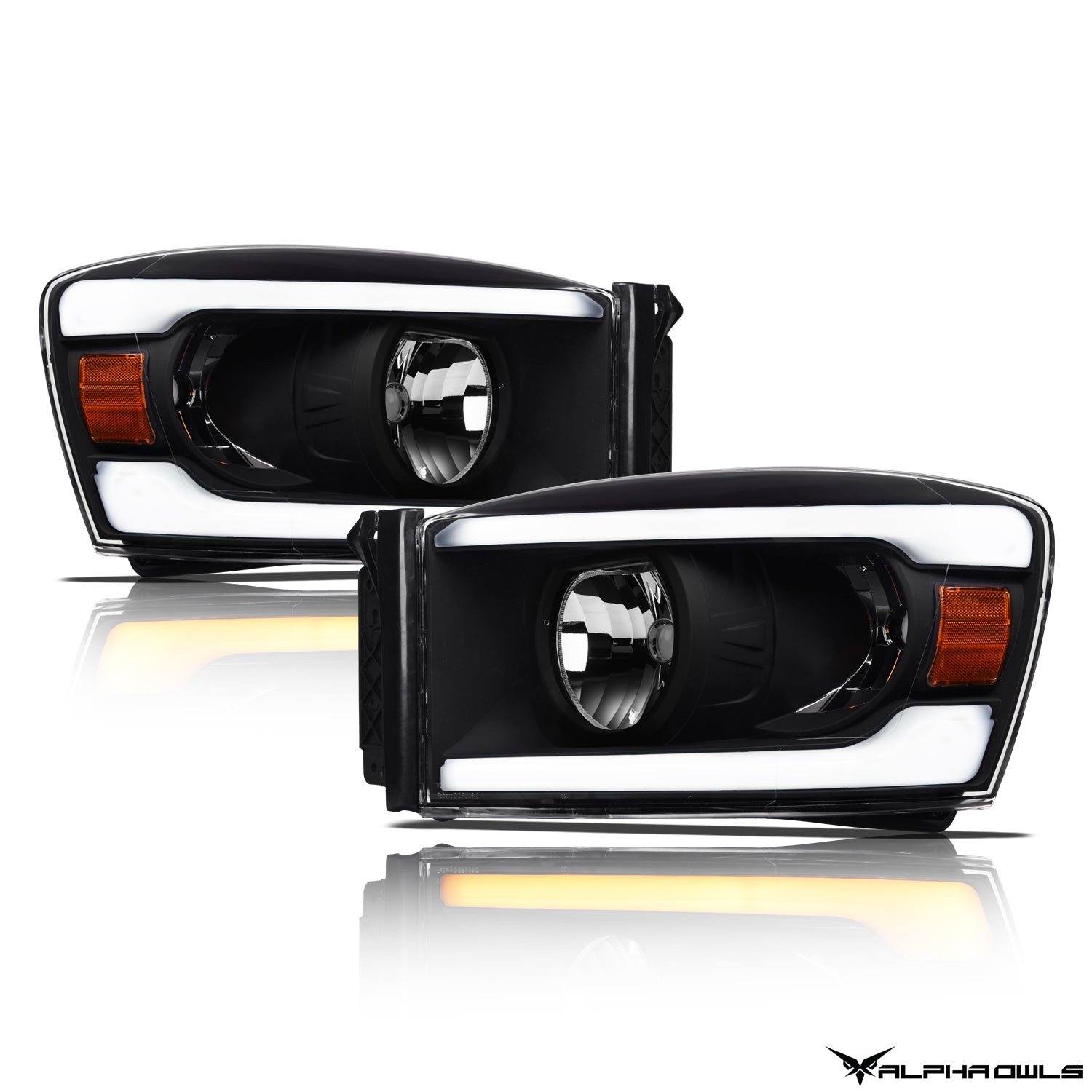 Alpha Owls 2006-2009 Dodge Ram 2500/3500 SQ Series Headlights (Crystal Headlights Black housing w/ Sequential Signal/LumenX Light Bar) - Image 2