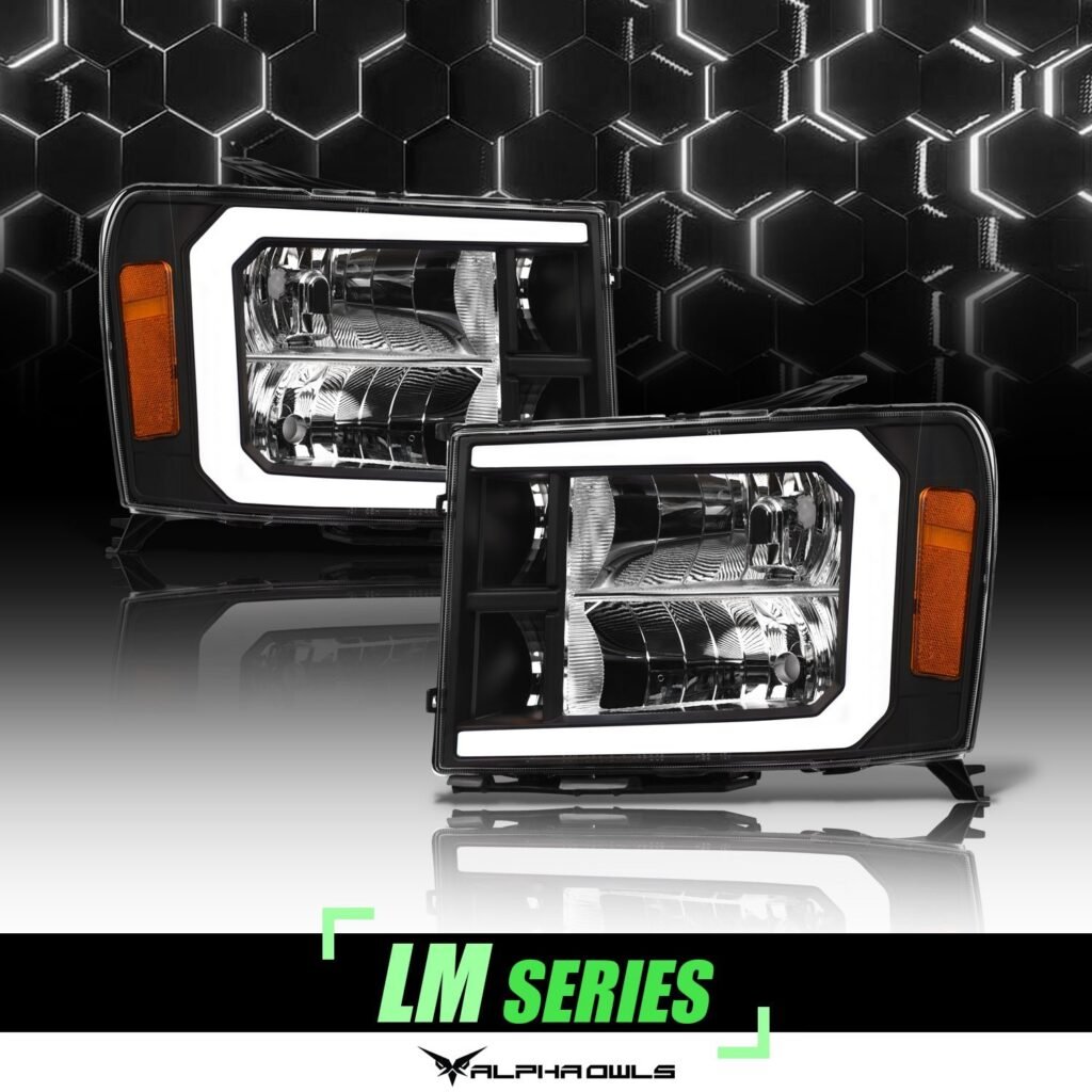 Alpha Owls 2007-2013 GMC Sierra LM Series Headlights (Crystal Headlights Black housing w/ LumenX Light Bar)