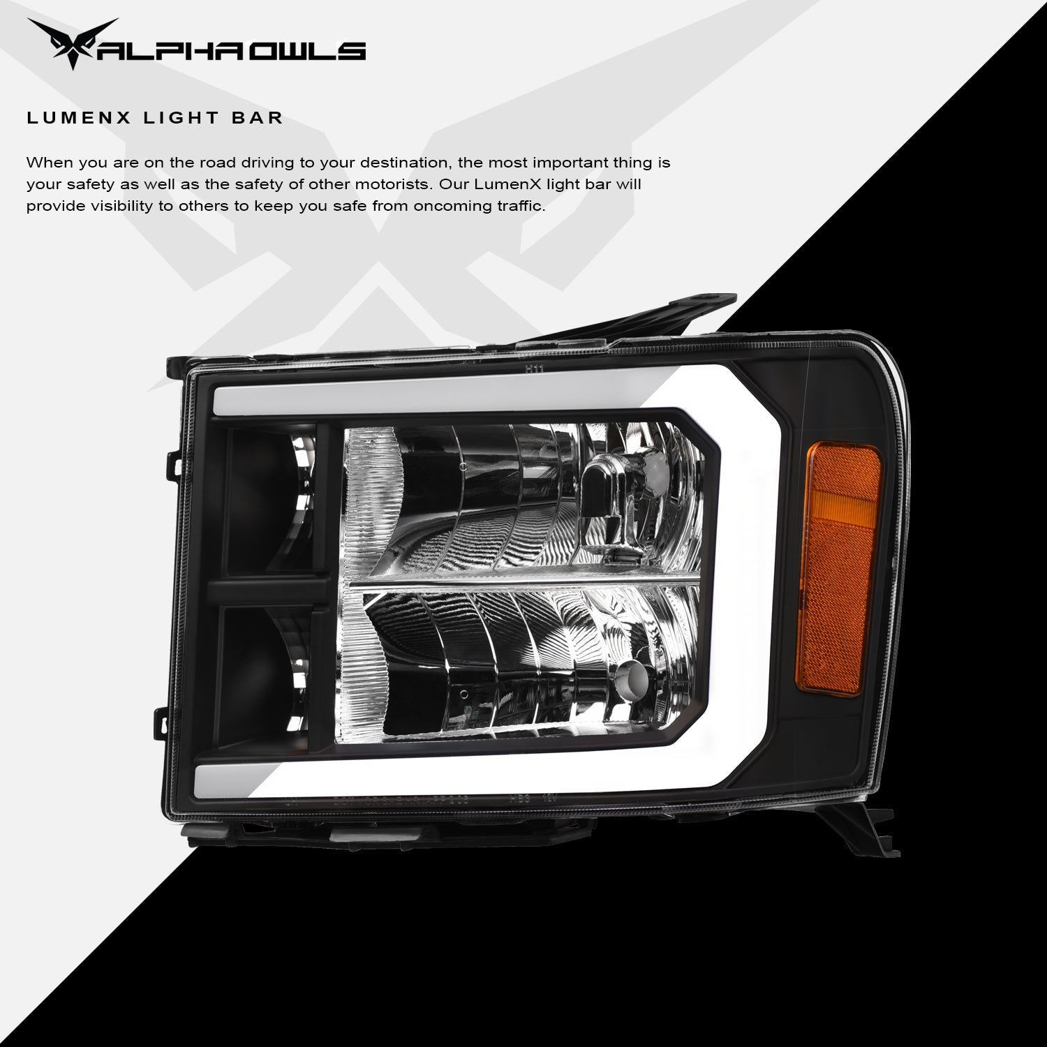 Alpha Owls 2007-2013 GMC Sierra LM Series Headlights (Crystal Headlights Black housing w/ LumenX Light Bar) - Image 4