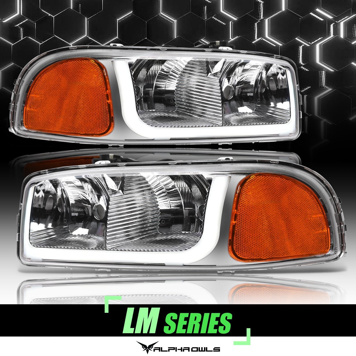 Alpha Owls 2000-2006 GMC Yukon XL LM Series Headlights (Crystal Headlights Chrome housing w/ LumenX Light Bar) - Image 1