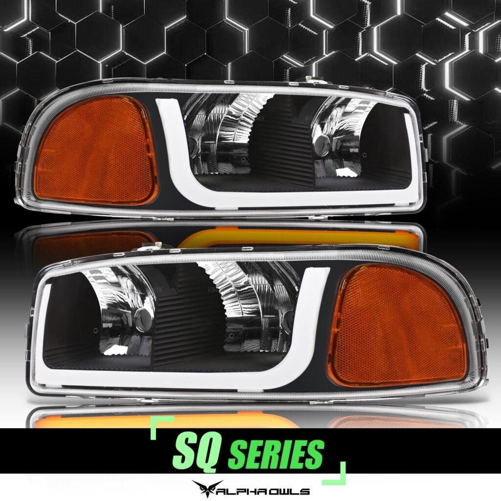 Alpha Owls 2000-2006 GMC Yukon XL SQ Series Headlights (Crystal Headlights Black housing w/ Sequential Signal/LumenX Light Bar)