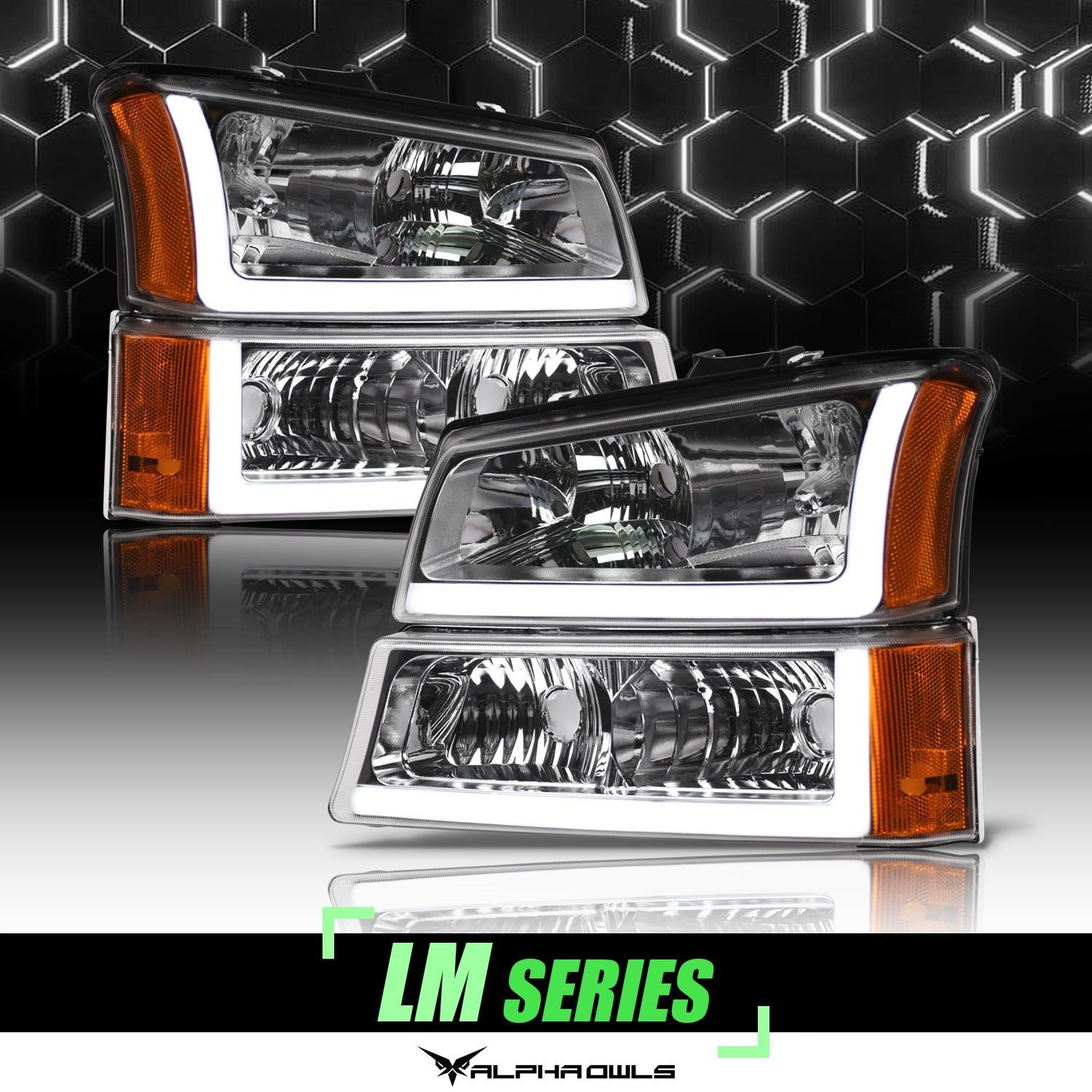 Alpha Owls 2003-2006 Chevy Silverado 1500/2500/3500 LM Series Headlights (Crystal Headlights Chrome housing w/ LumenX Light Bar) - Image 1
