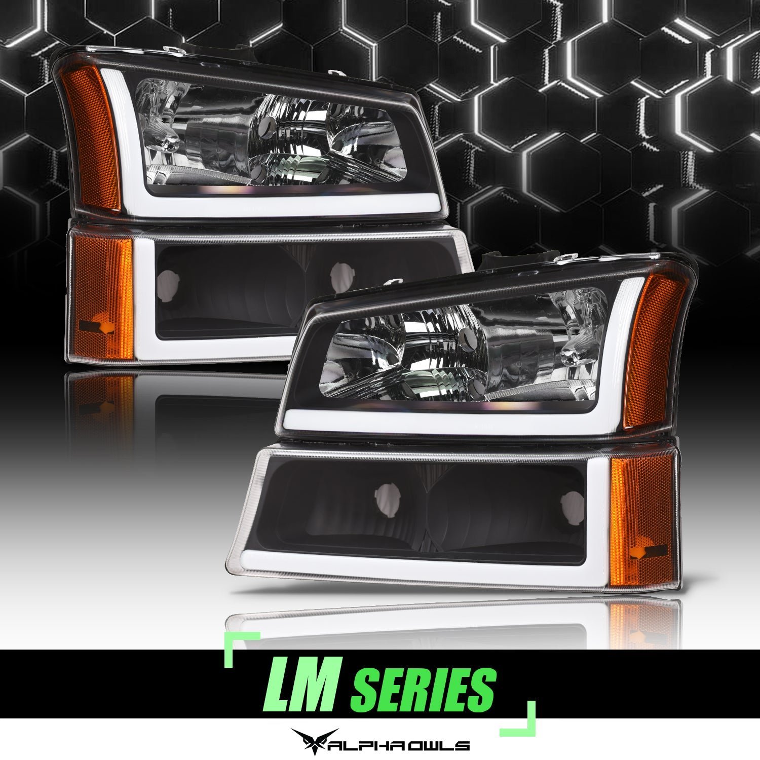 Alpha Owls 2003-2006 Chevy Silverado 1500/2500/3500 LM Series Headlights (Crystal Headlights Black housing w/ LumenX Light Bar) - Image 1