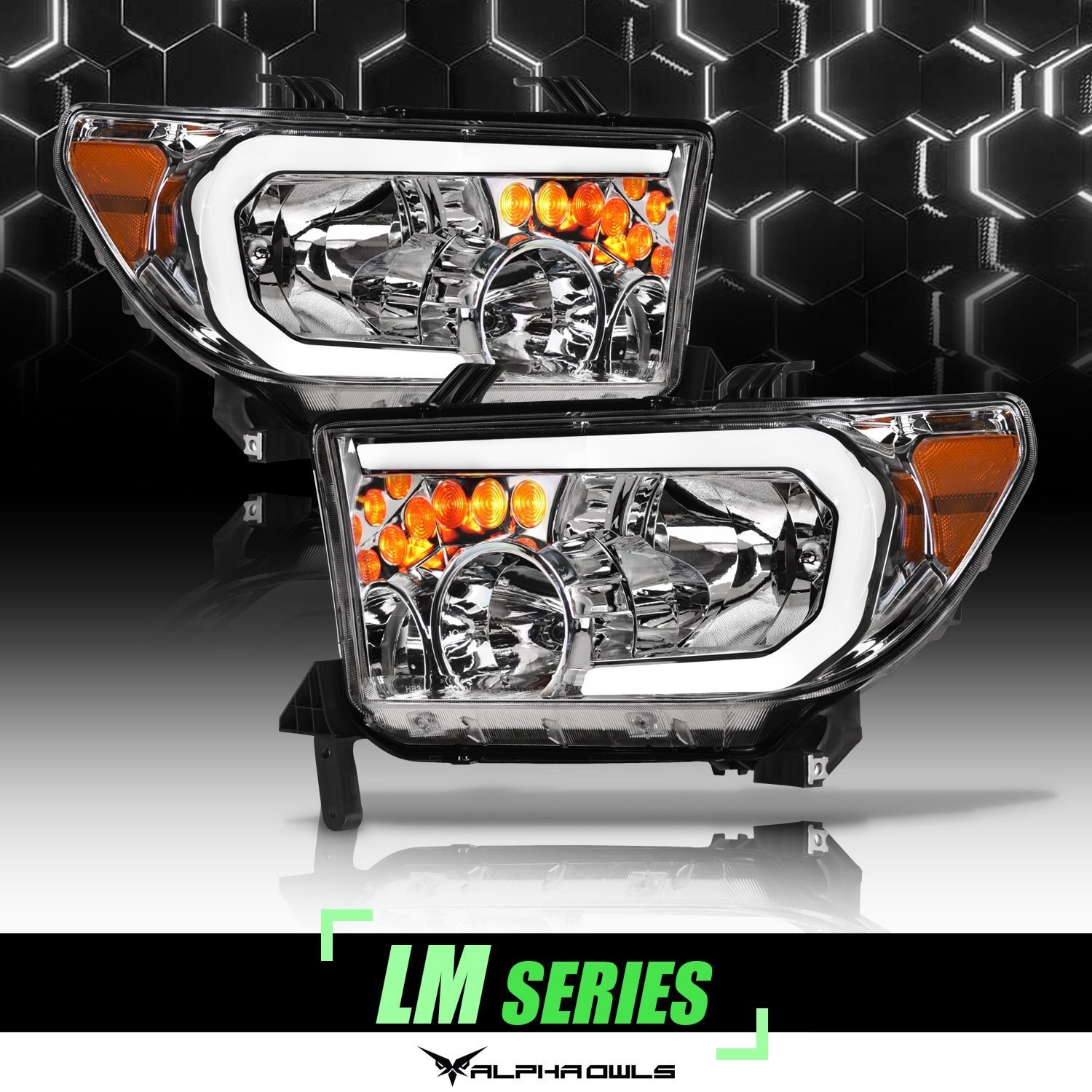 Alpha Owls 2008-2015 Toyota Sequoia LM Series Headlights (Crystal Headlights Chrome housing w/ LumenX Light Bar) - Image 1