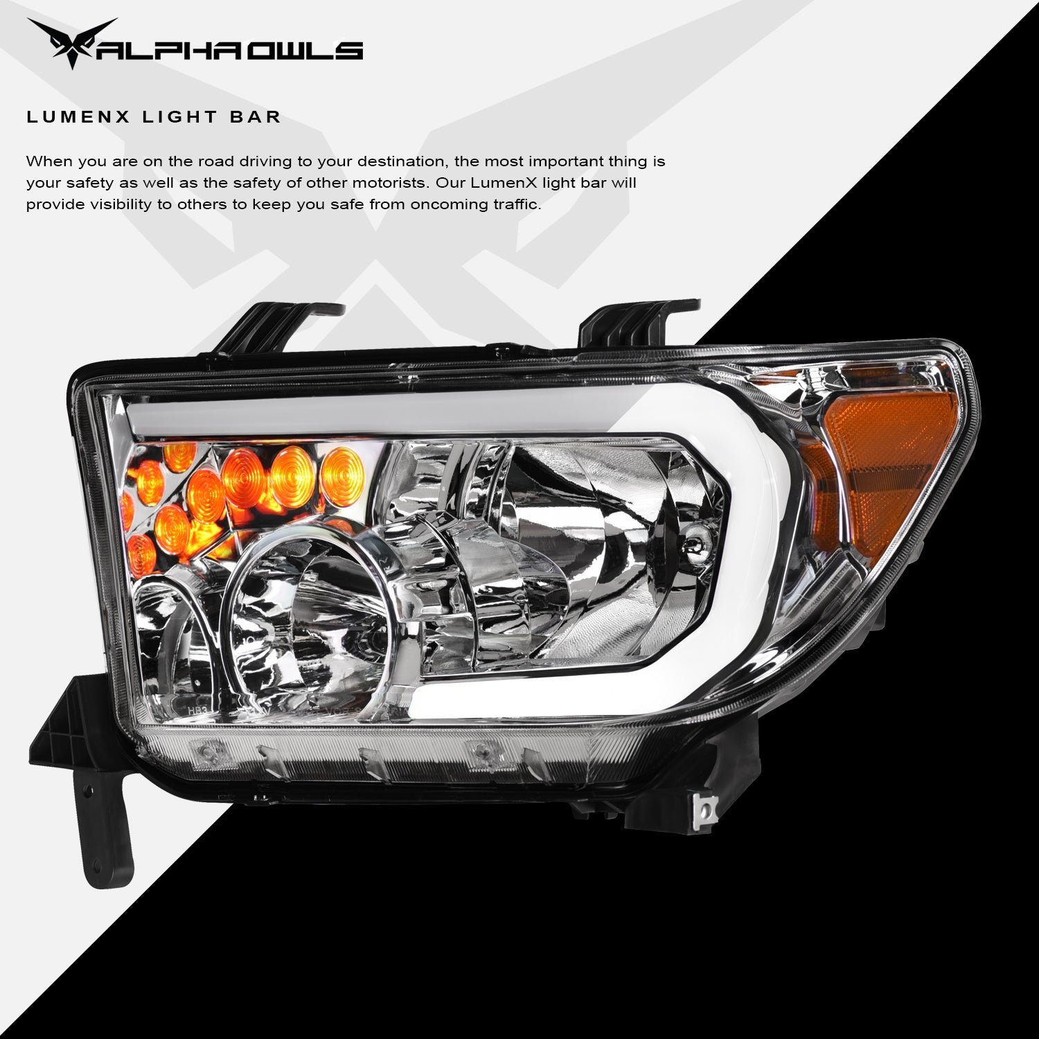 Alpha Owls 2008-2015 Toyota Sequoia LM Series Headlights (Crystal Headlights Chrome housing w/ LumenX Light Bar) - Image 4