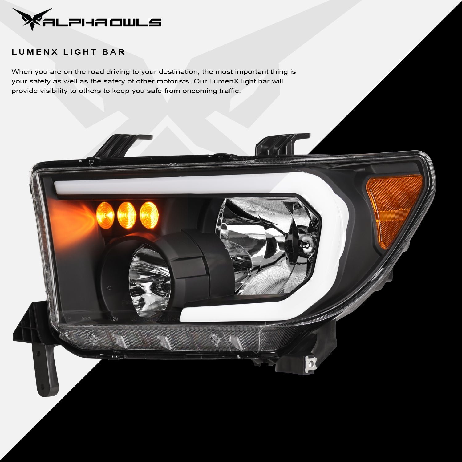 Alpha Owls 2007-2013 Toyota Tundra LM Series Headlights (Crystal Headlights Black housing w/ LumenX Light Bar) - Image 4