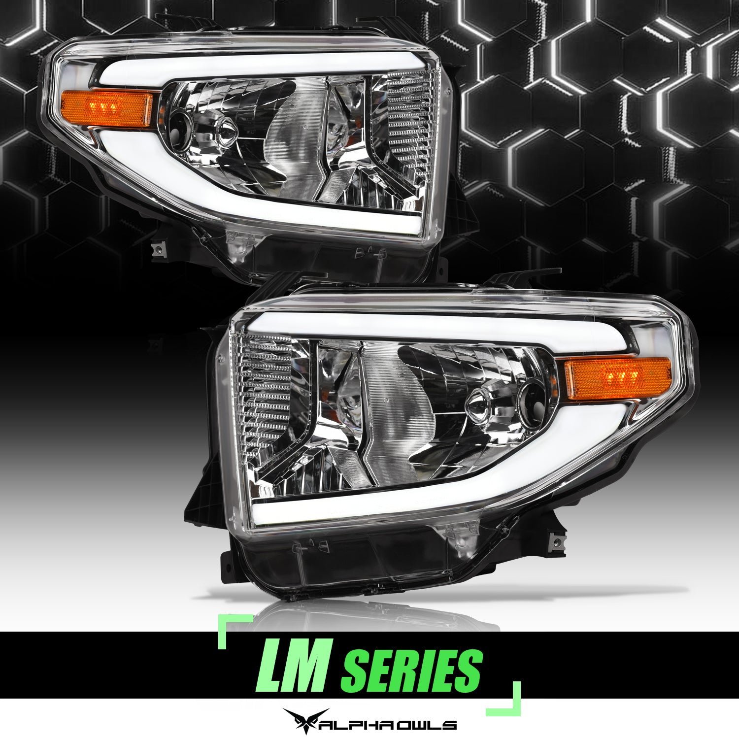 Alpha Owls 2014-2021 Toyota Tundra LM Series Headlights (Crystal Headlights Chrome housing w/ LumenX Light Bar) - Image 1
