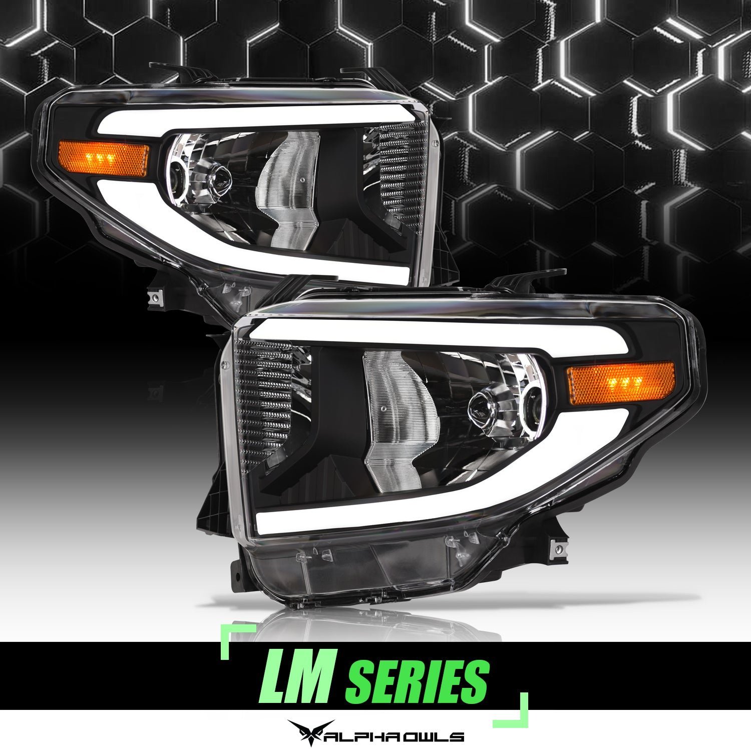 Alpha Owls 2014-2021 Toyota Tundra LM Series Headlights (Crystal Headlights Black housing w/ LumenX Light Bar) - Image 1