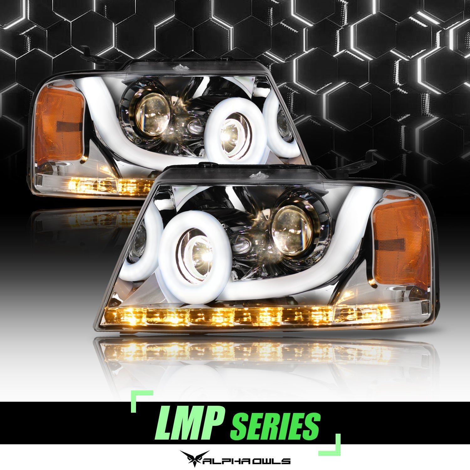 Alpha Owls 2006-2008 Lincoln Mark-LT LMP Series Headlights (Halogen Projector Chrome housing w/ LumenX Light Bar) - Image 1